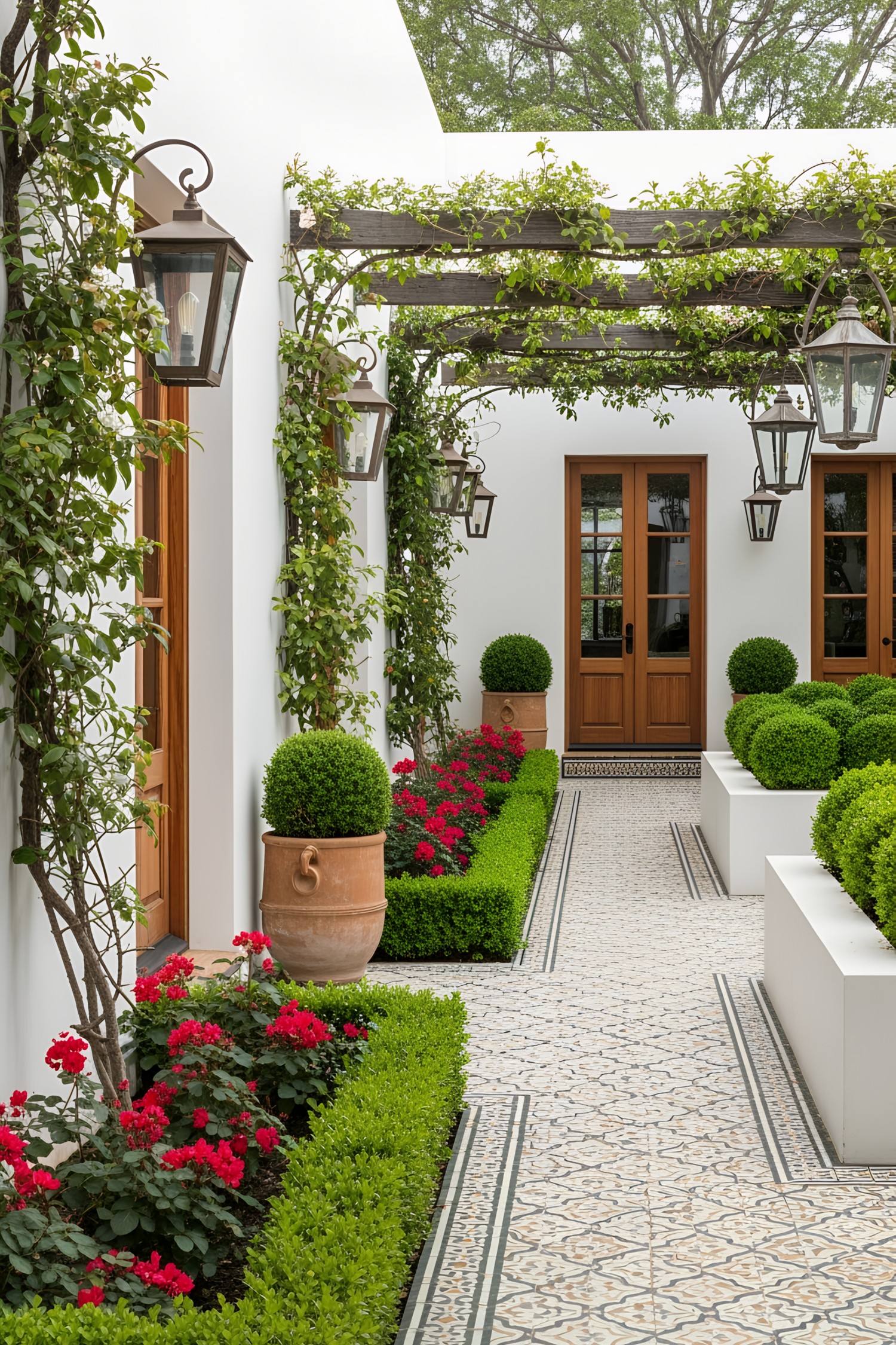 Elegant garden walkway with tiled path and lush greenery