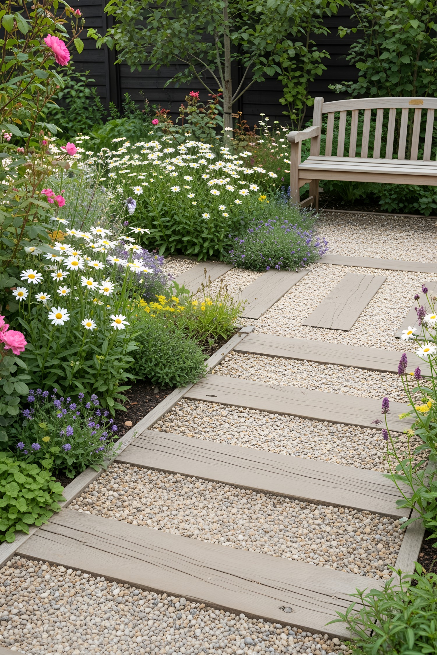 Wooden garden path with flowers and a bench