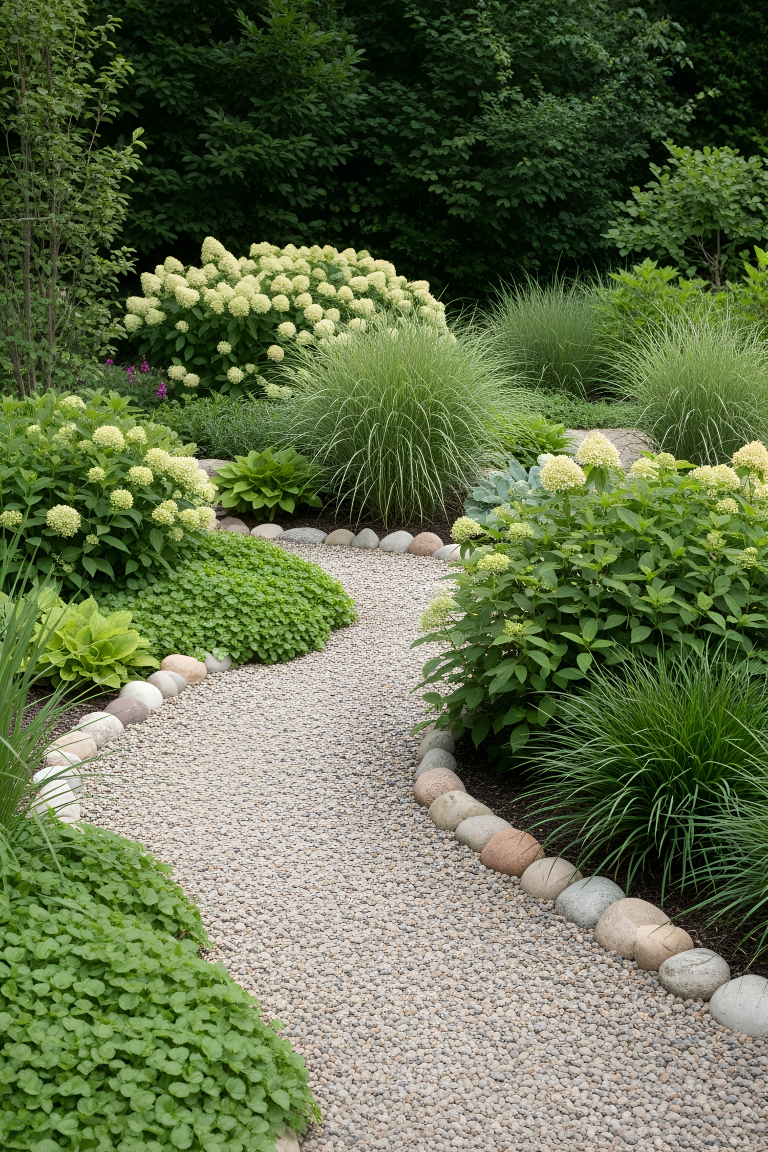 Curved gravel path bordered by lush greenery and pale blooms