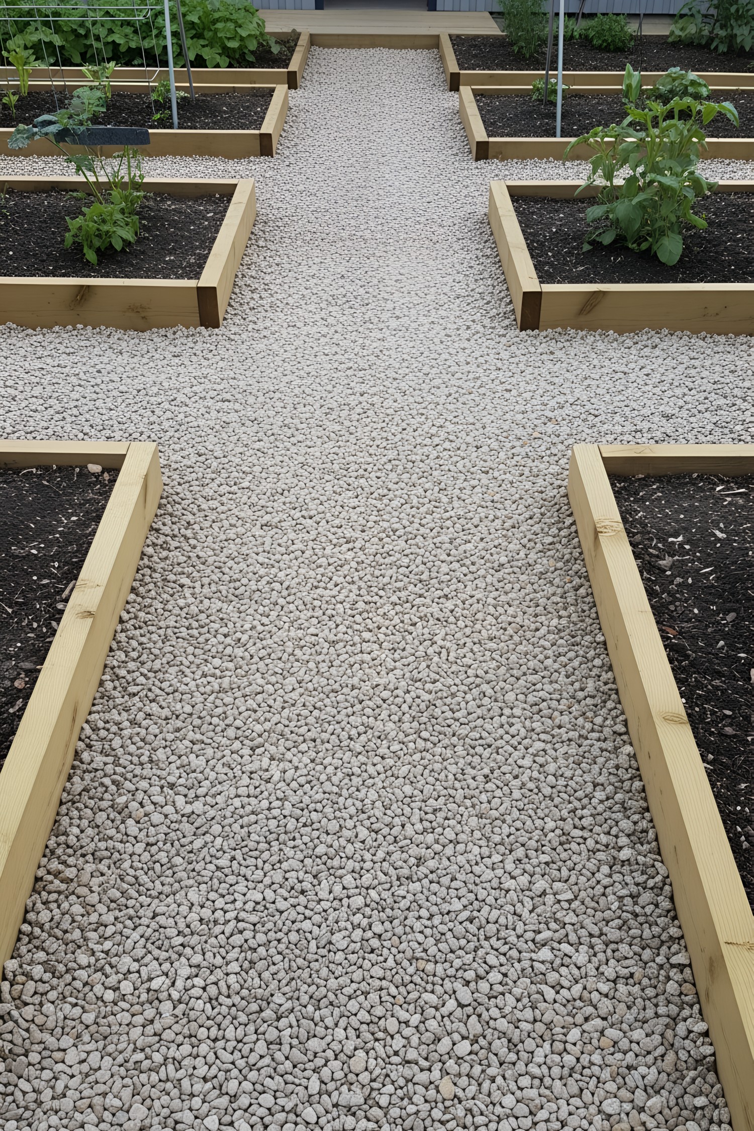 Gravel walkway flanked by raised garden beds