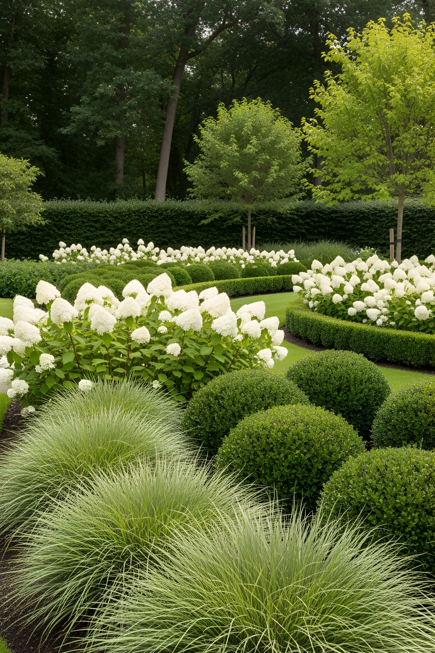 Lush garden with blooming white hydrangeas and manicured shrubs
