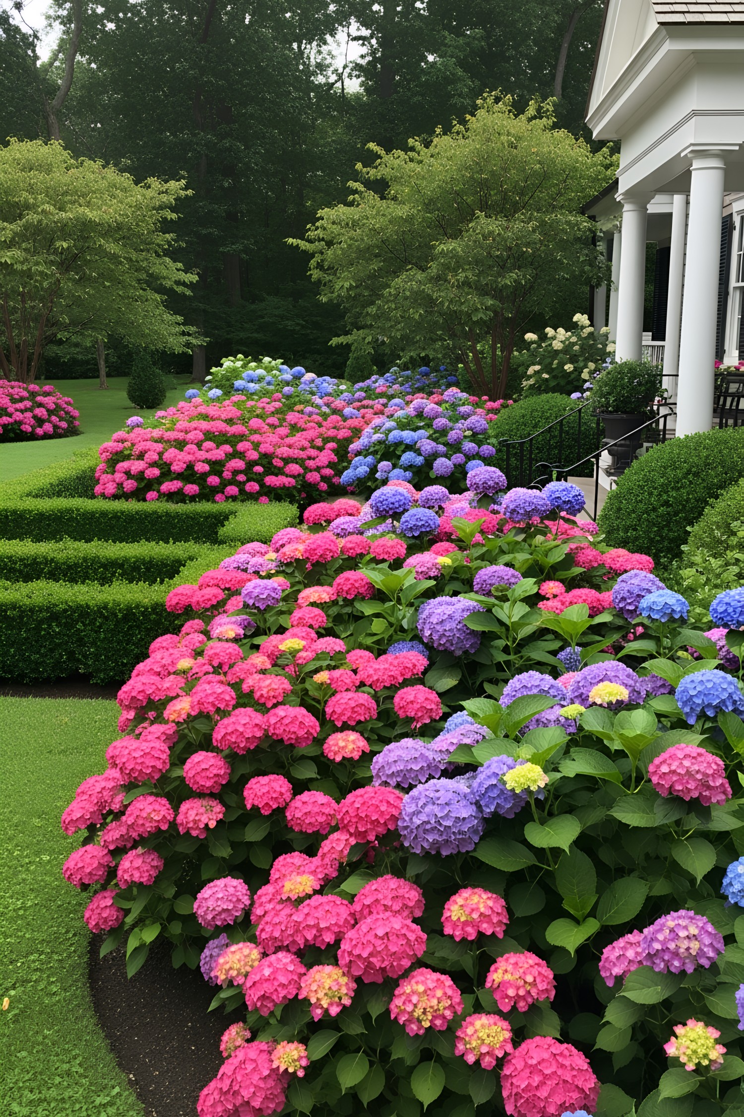 Lush hydrangeas in vibrant colors line a garden path