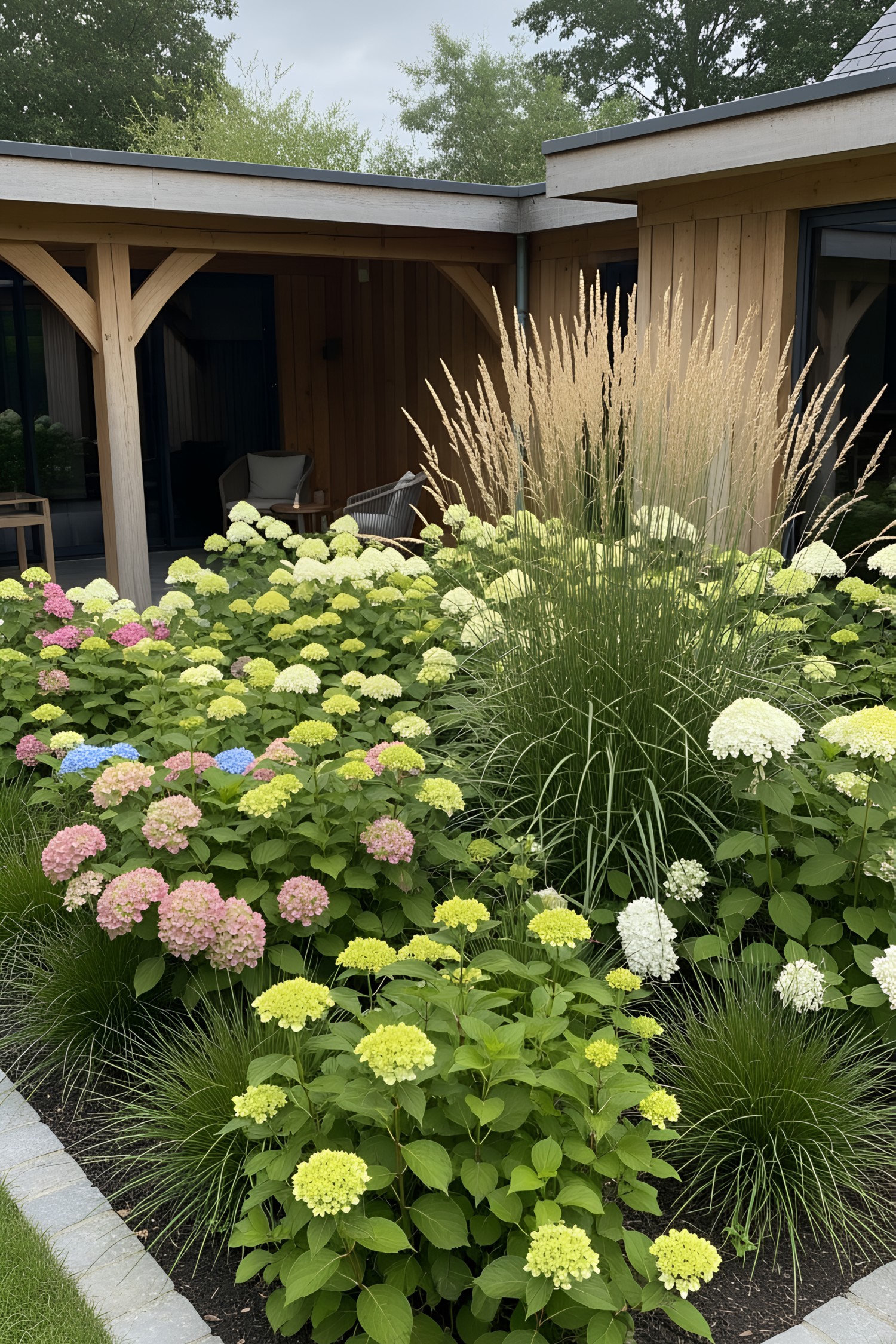 Vibrant hydrangeas brighten a wooden patio