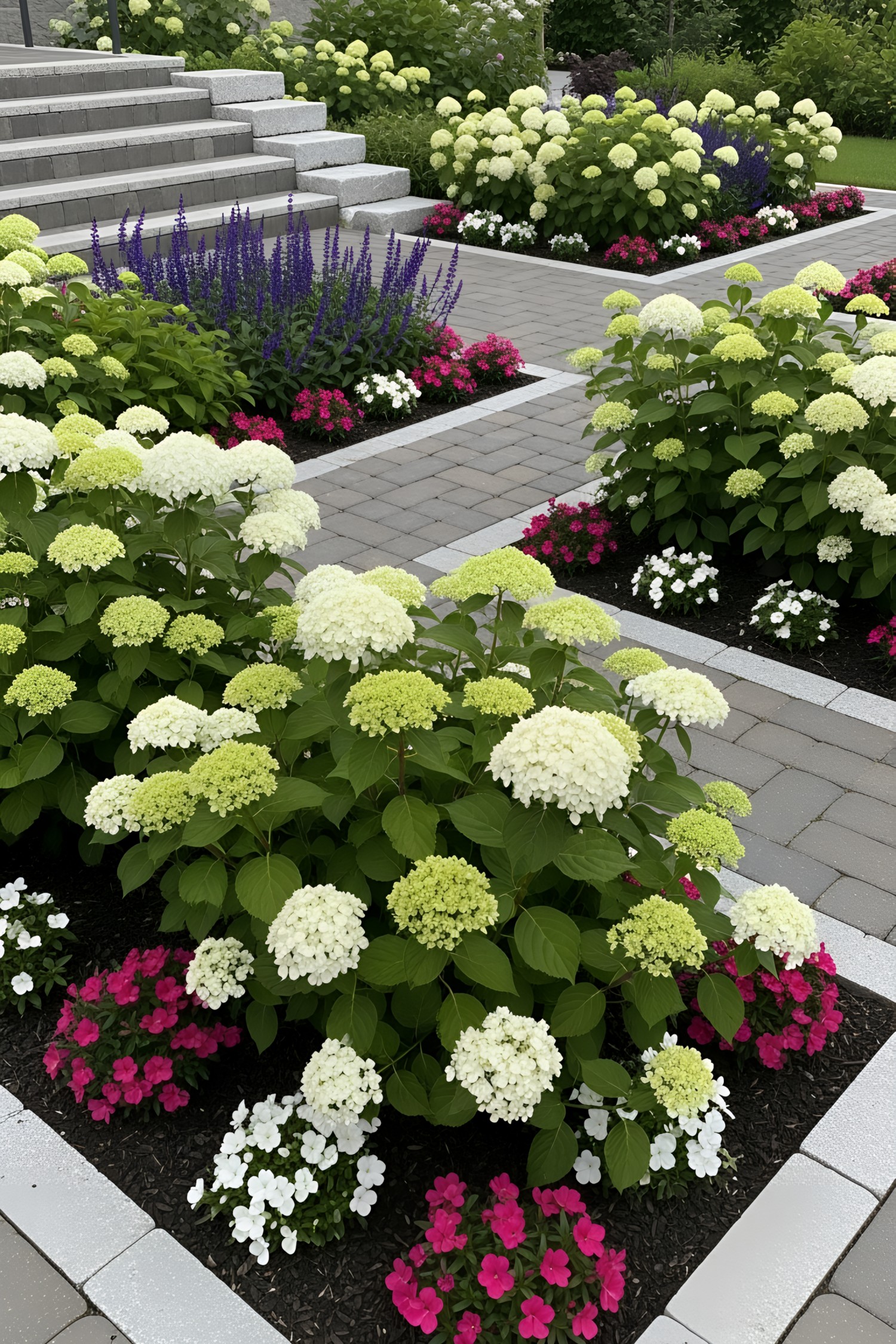 Vibrant hydrangea blooms along a stylish paved pathway
