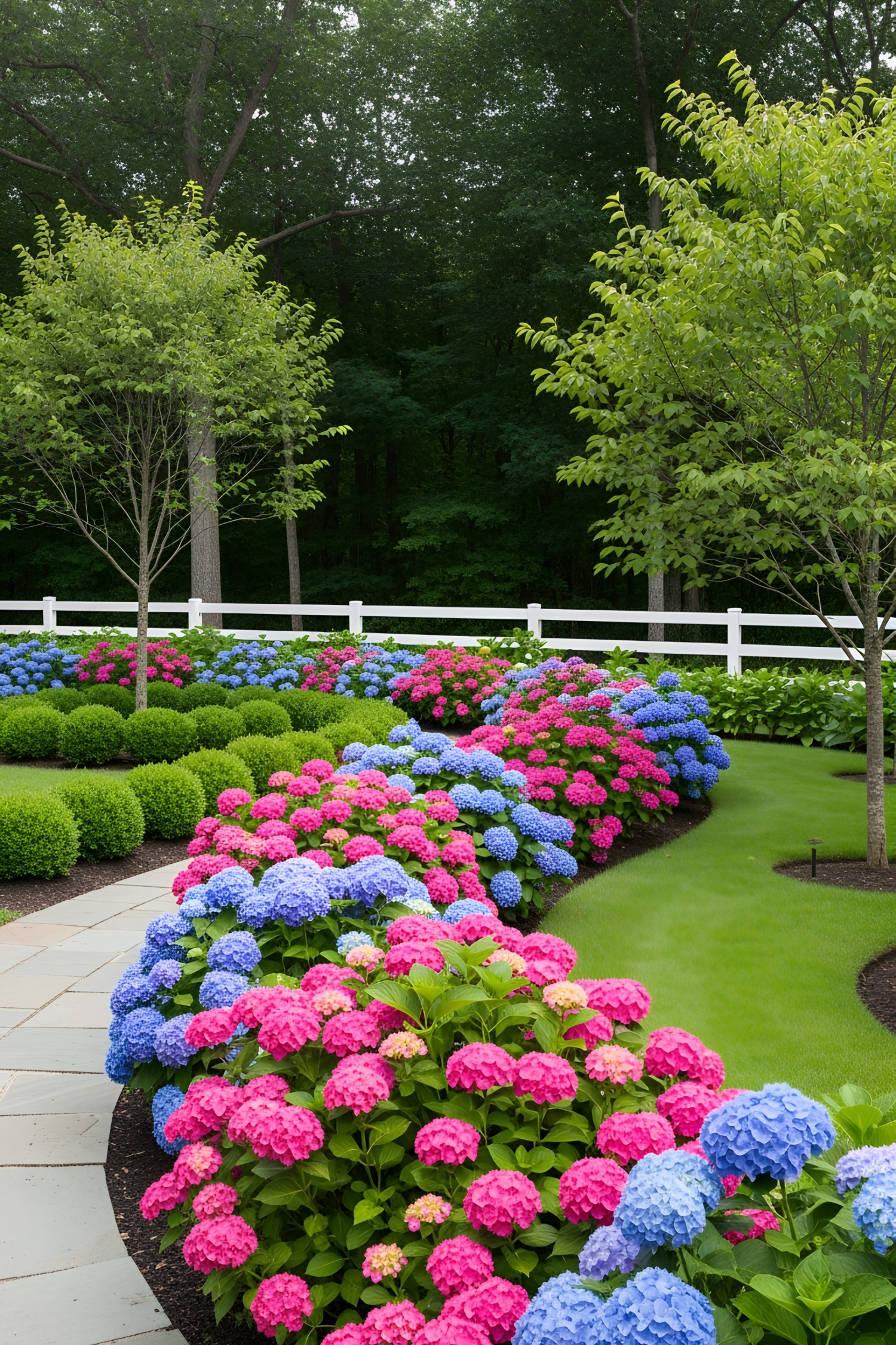 Vibrant hydrangeas line a garden path, bordered by lush greenery