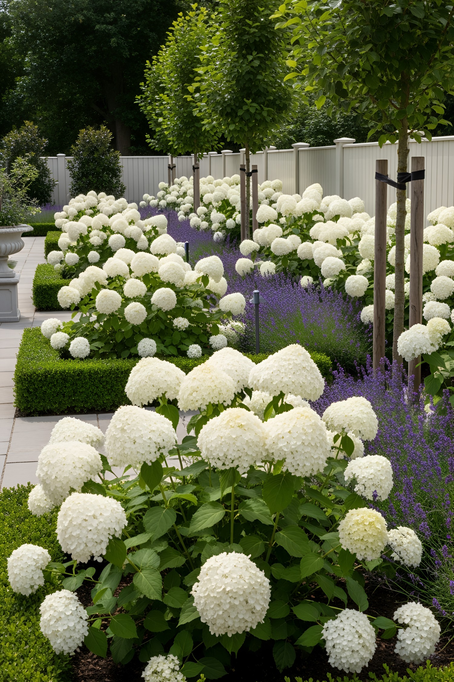 Lush garden with white hydrangeas and tidy pathways