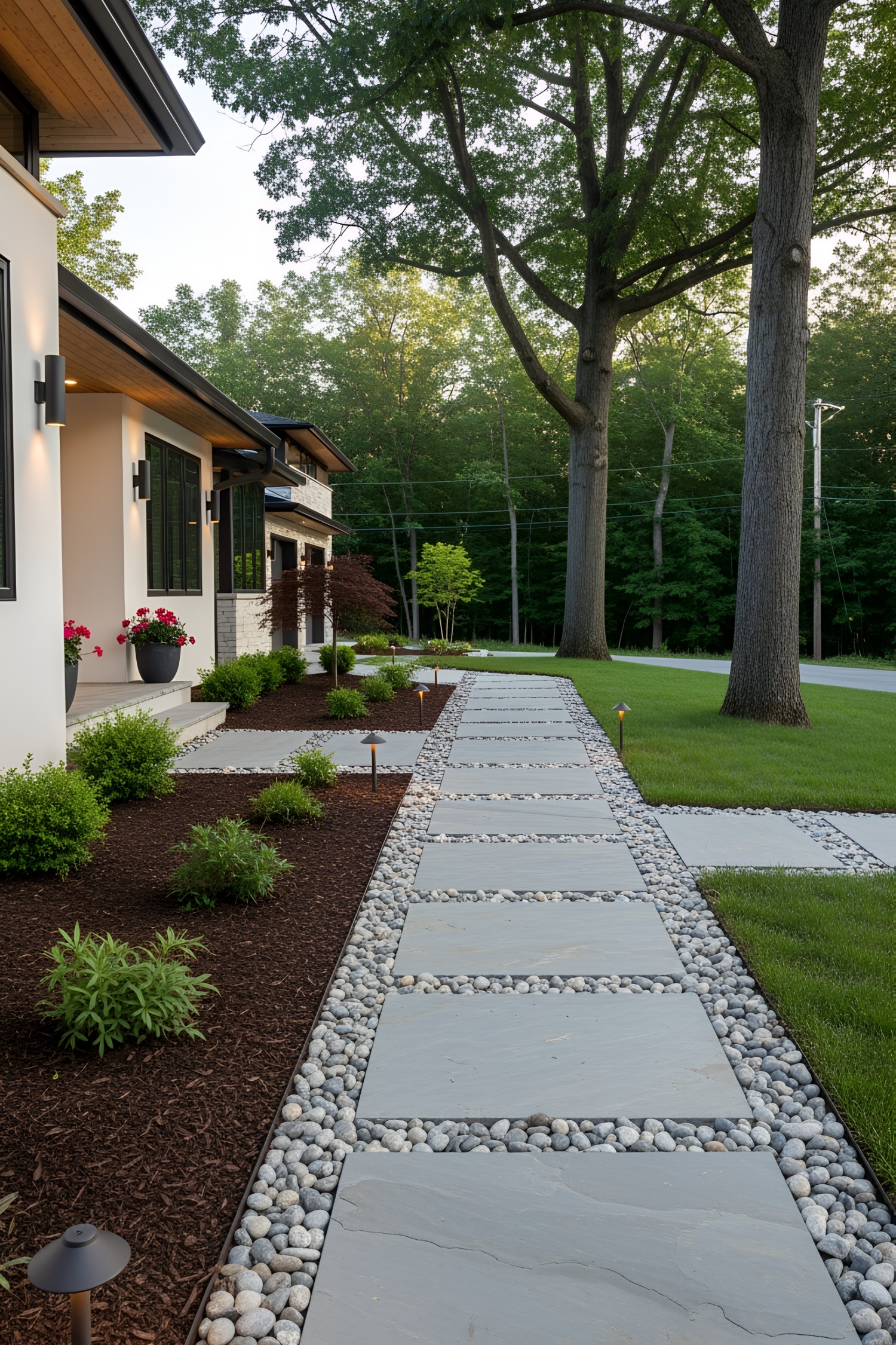 Modern walkway with flat stones, pebbles, and soft greenery