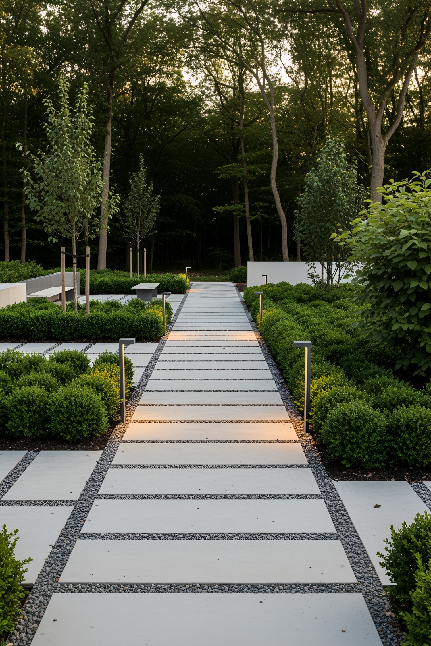 Modern garden walkway with rectangular pavers and trimmed shrubs