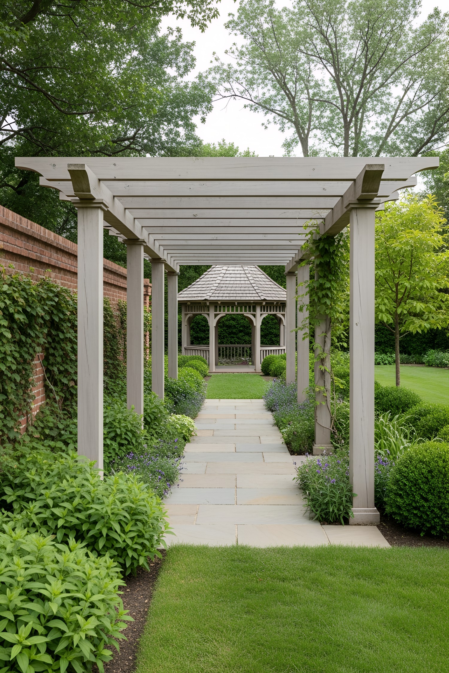 A pergola-covered path through lush gardens leads to a classic gazebo