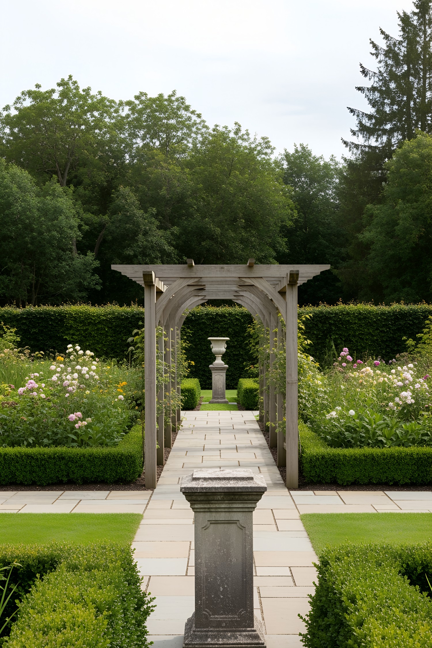 Pergola walkway through a garden with lush greenery