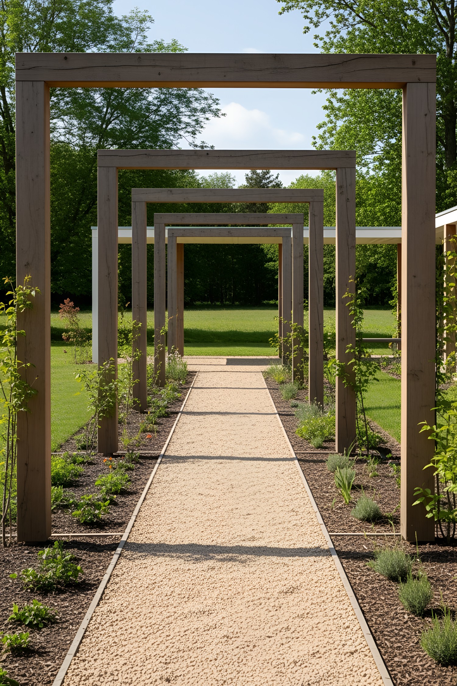Wooden pergola frames over a gravel path