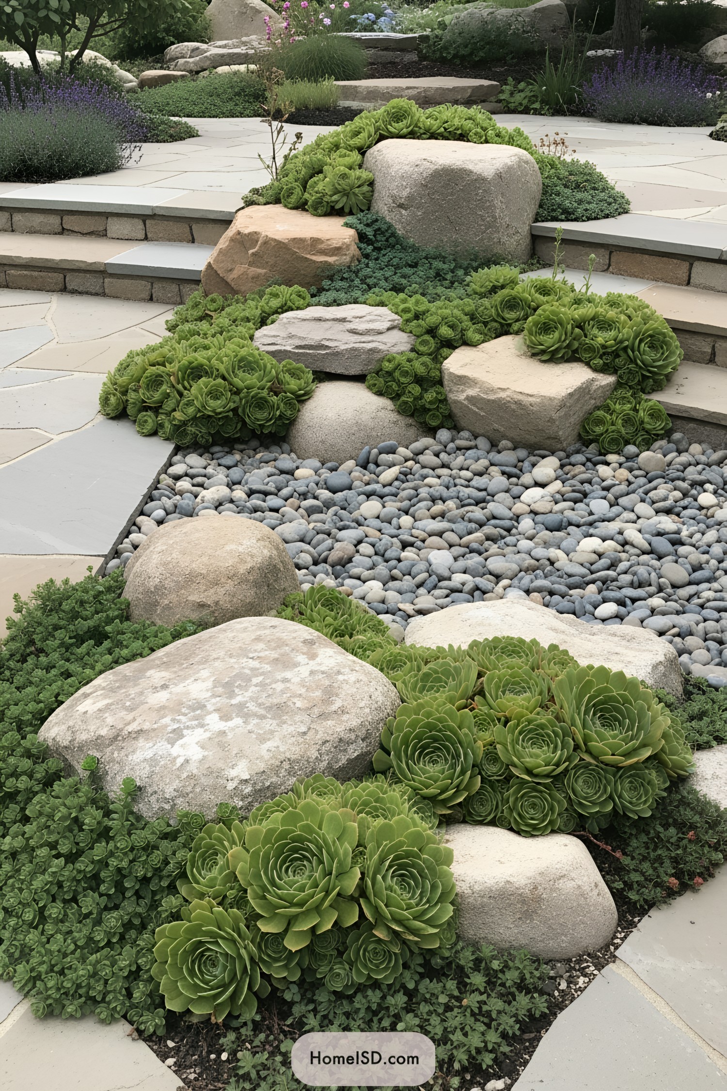 Succulent plants nestled among large stones