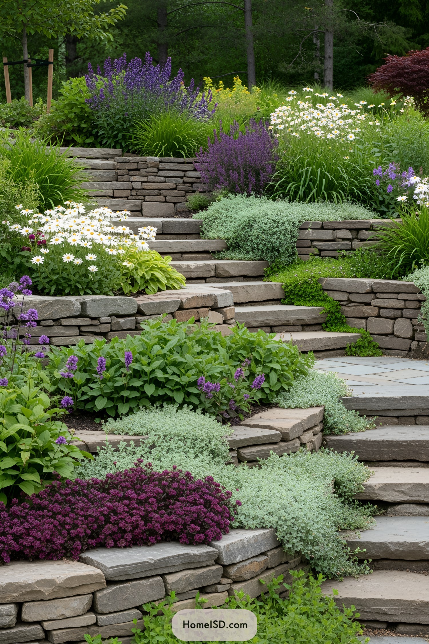 Stone steps adorned with colorful blooms in a rockery garden