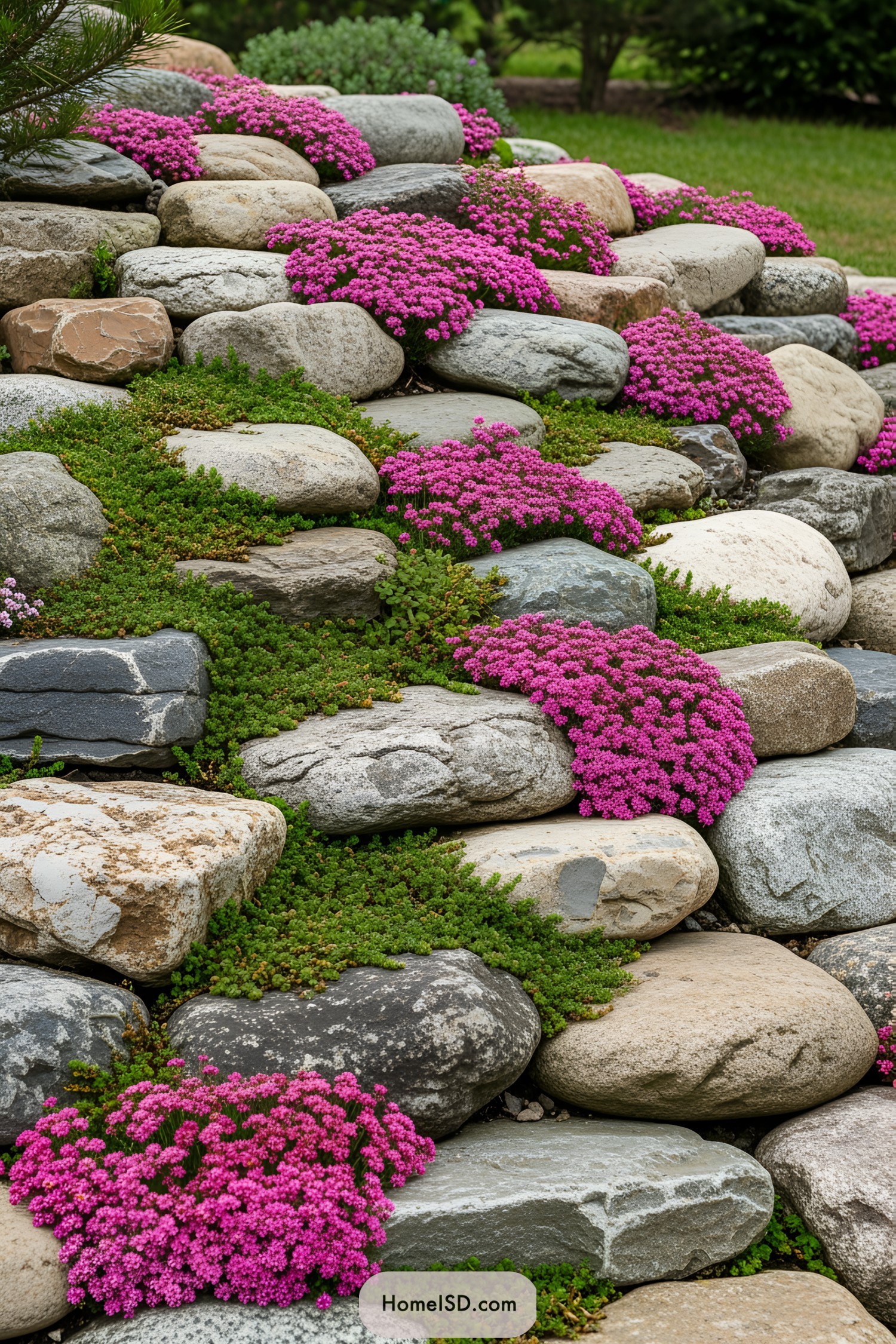 Bright pink flowers nestle among layered stones in a garden setting