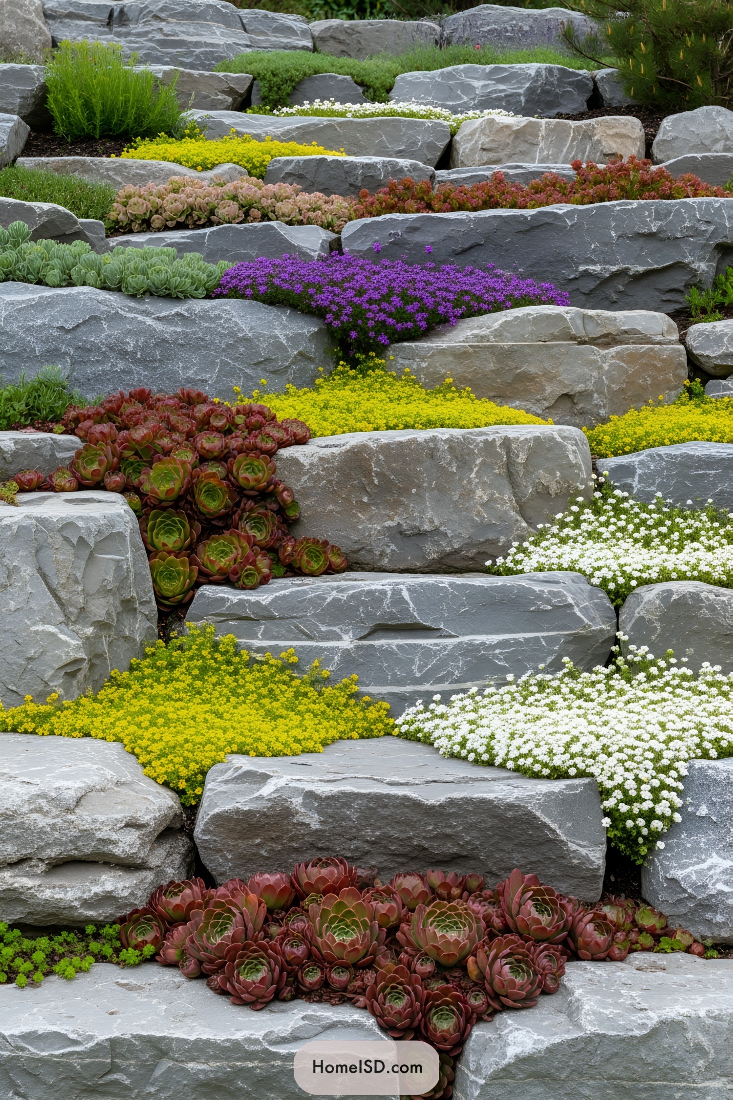 Succulents and blooms among large rocks