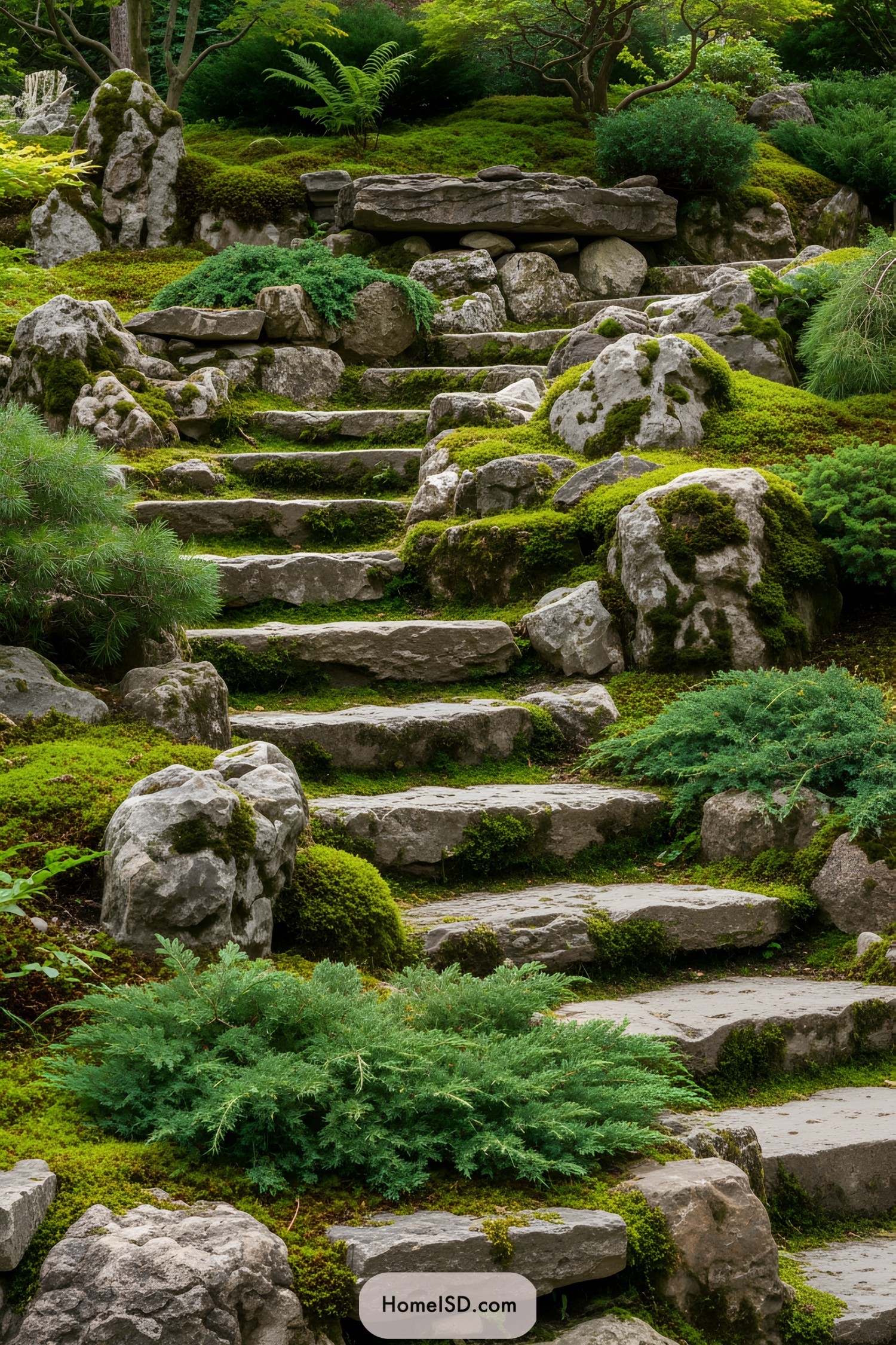 Stone steps surrounded by lush greenery and mossy rocks
