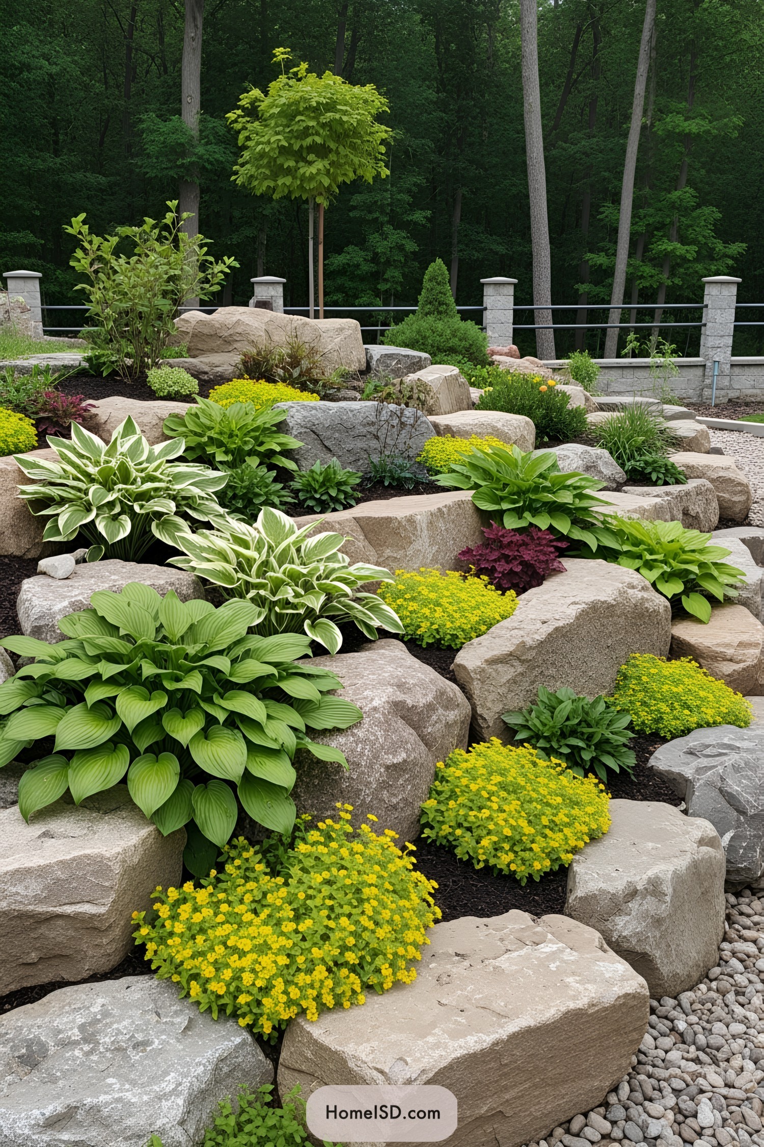Beautiful rockery garden with vibrant plants and lush greenery