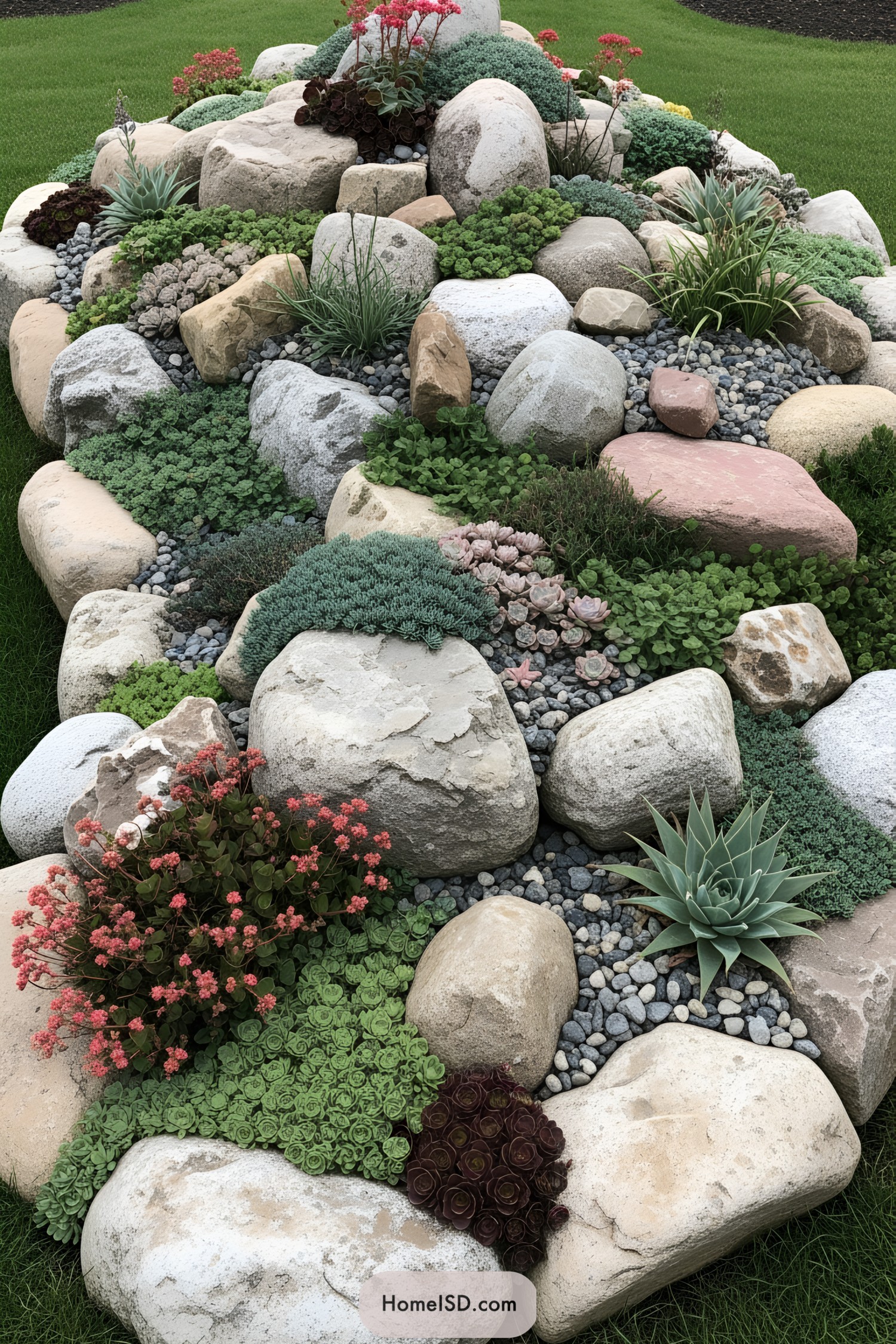 Colorful rockery garden with succulents and diverse stones
