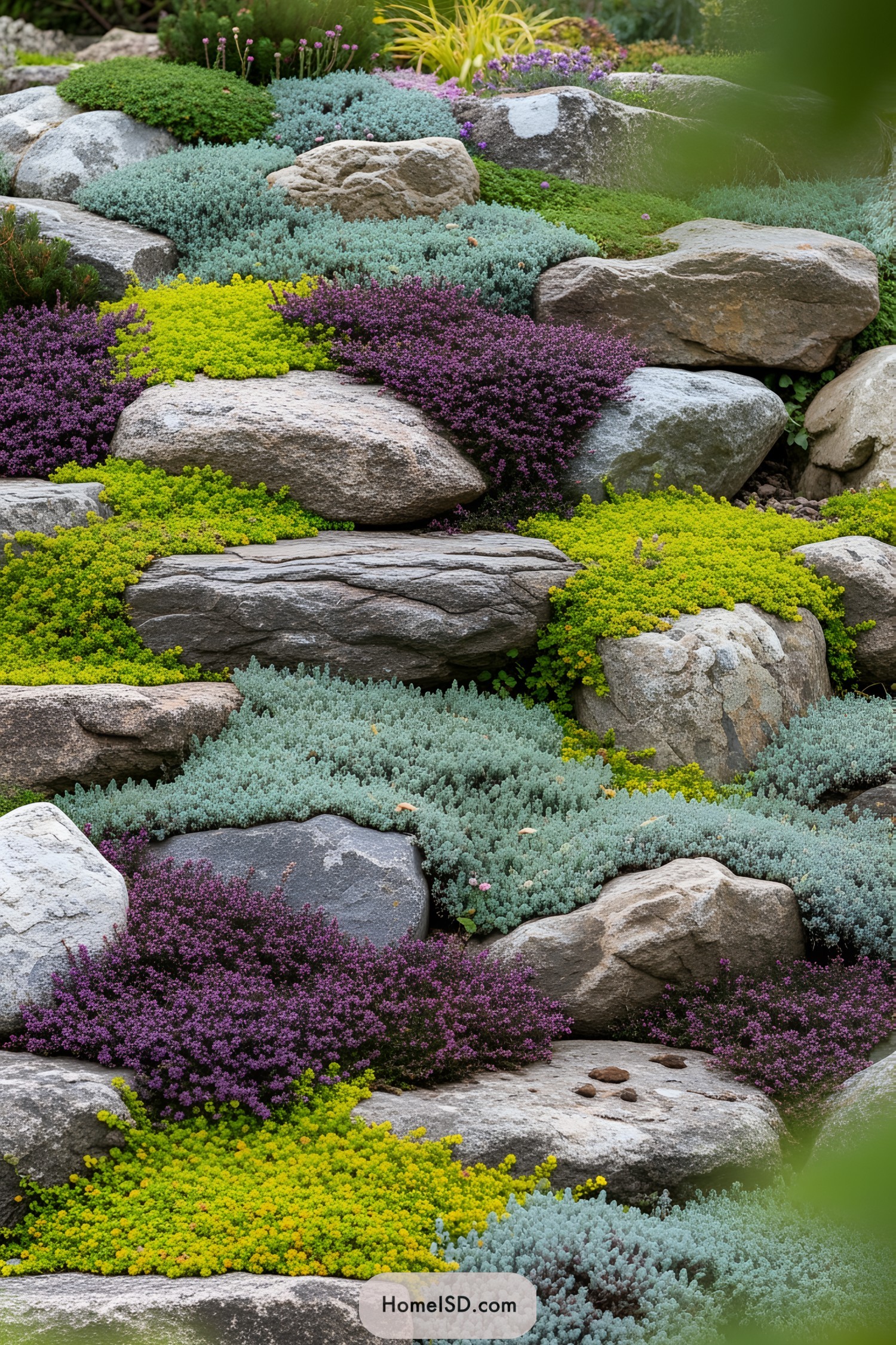 Colorful rockery garden with vibrant flora