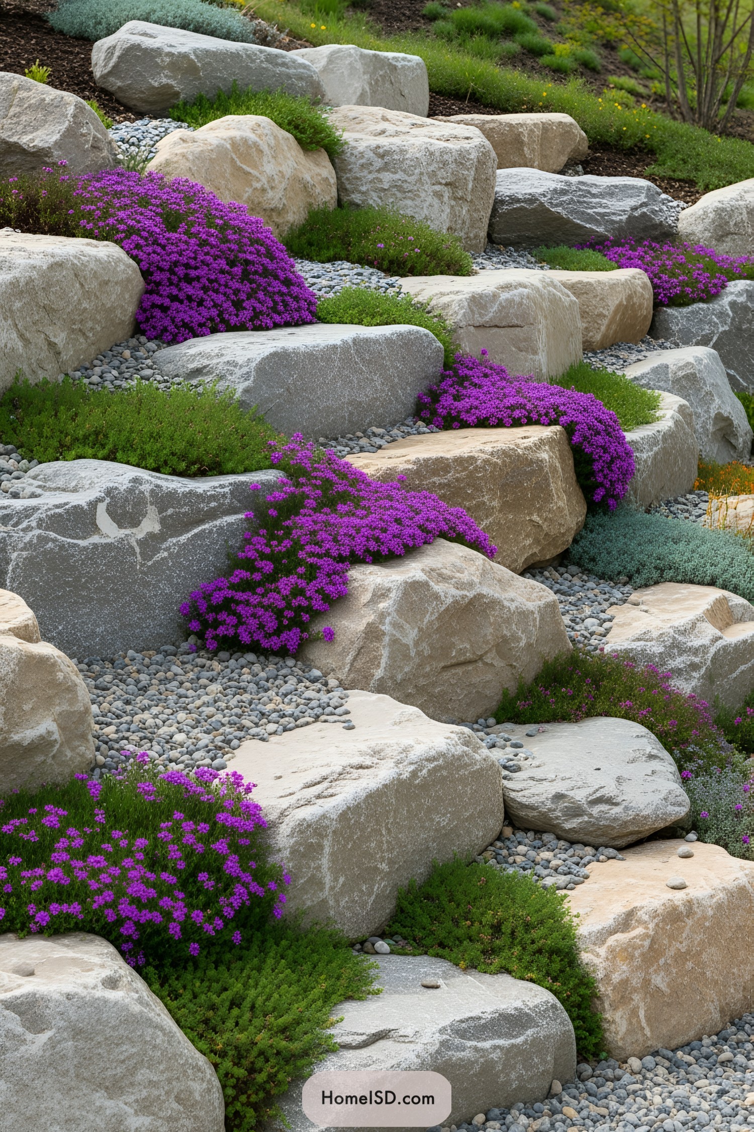 Rocks and purple flowers create a vibrant garden scene