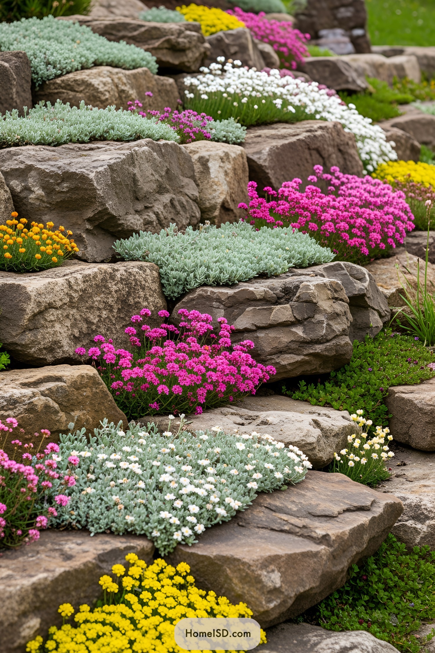 Vibrant flowers bloom among stacked gray rocks