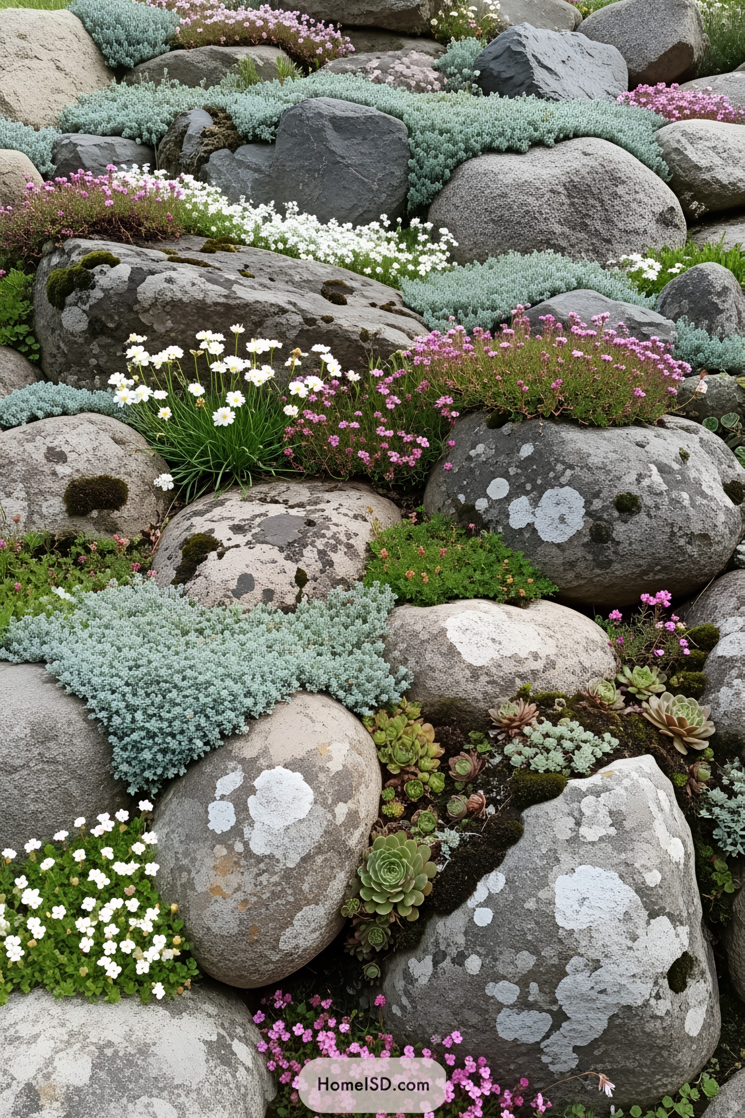 Colorful flowers nestled among large grey boulders