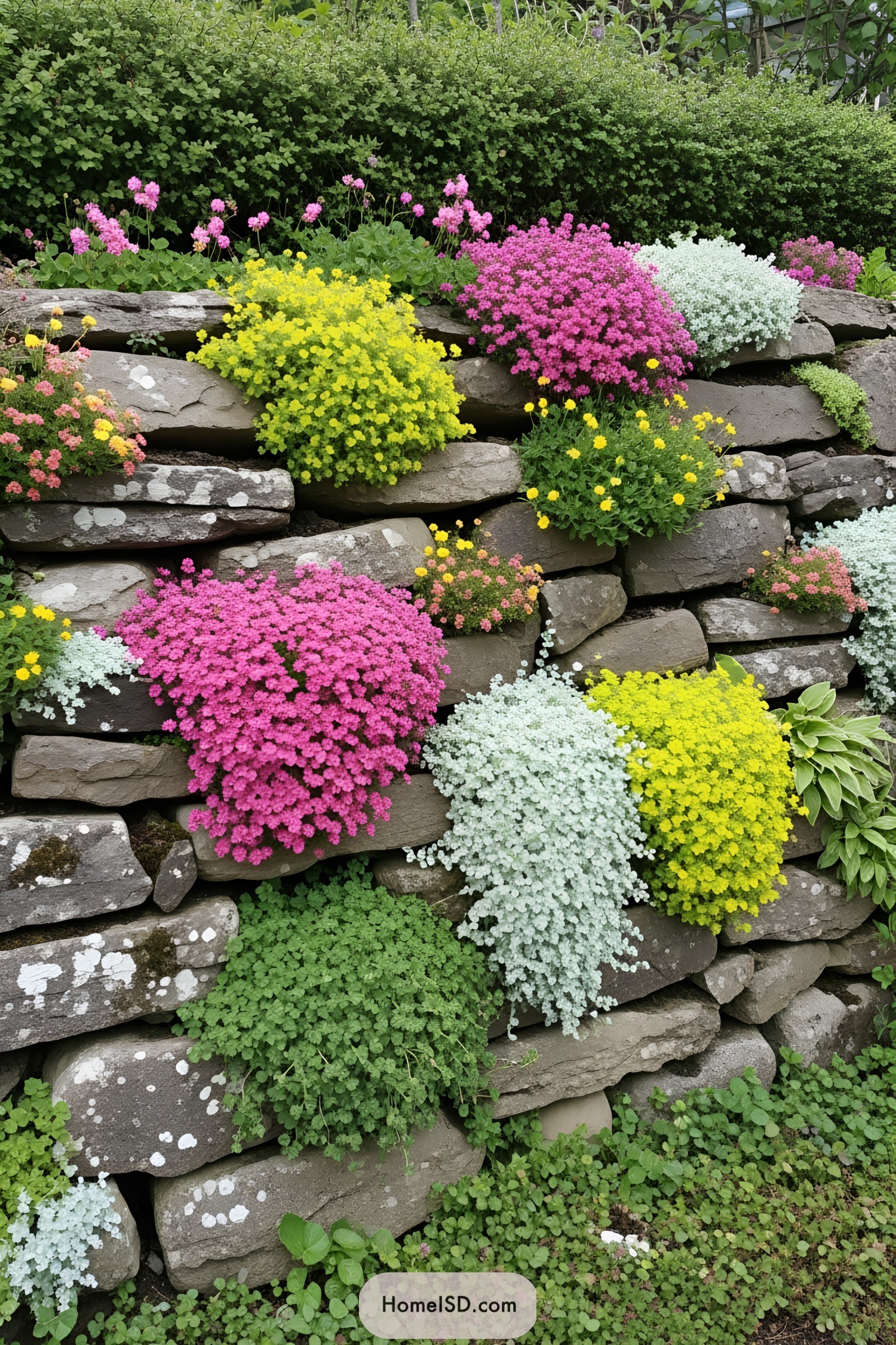 Colorful flowers cascading over layered rocks