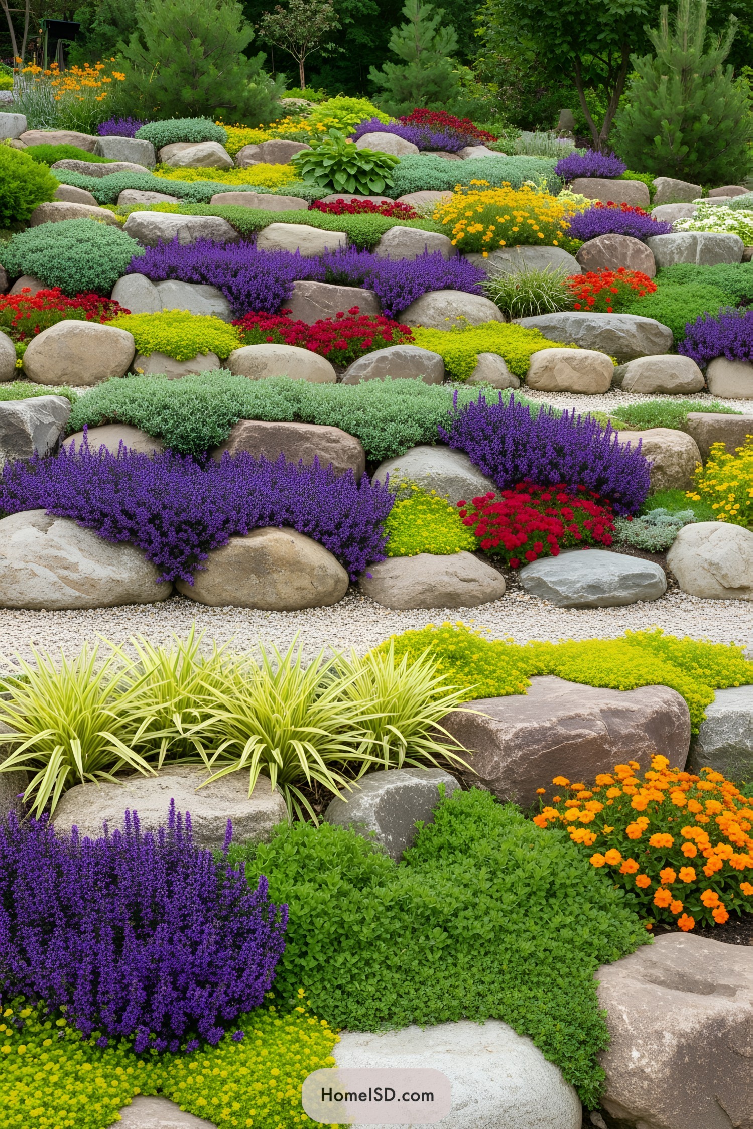 Lush rockery with colorful flowers and diverse plants