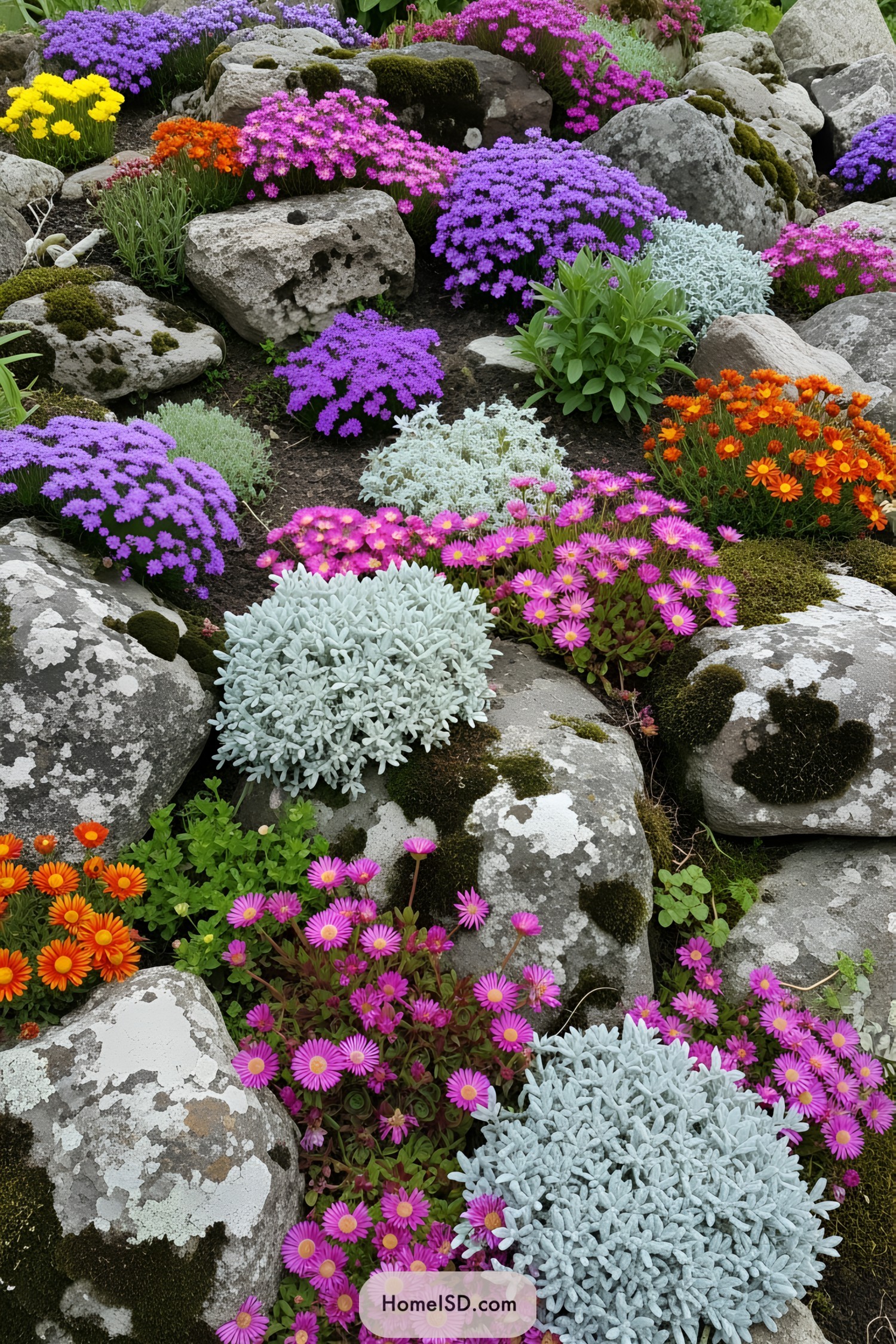 Colorful flowers blooming amid rocks and moss