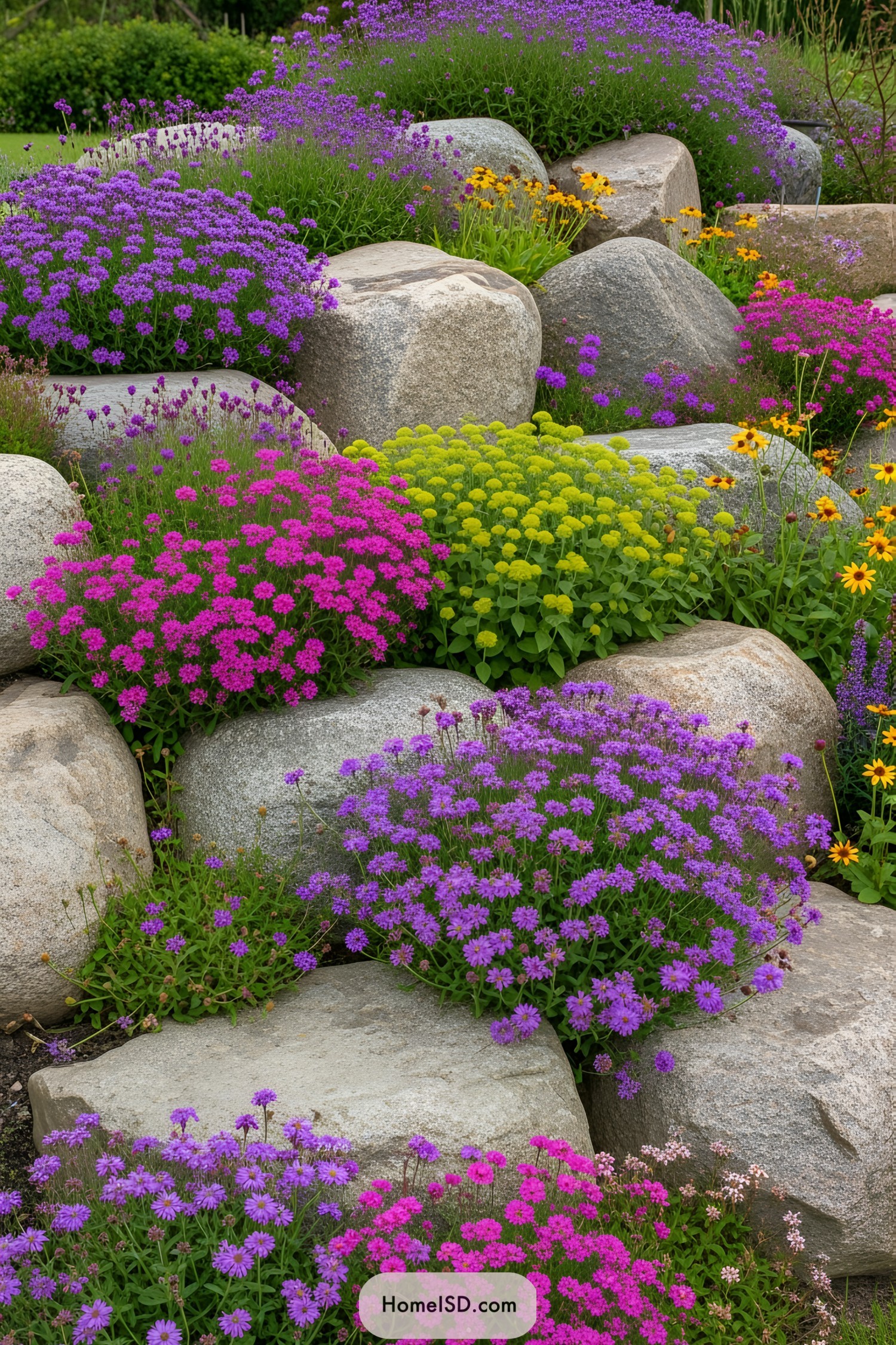Colorful flowers among large rocks in a rockery garden