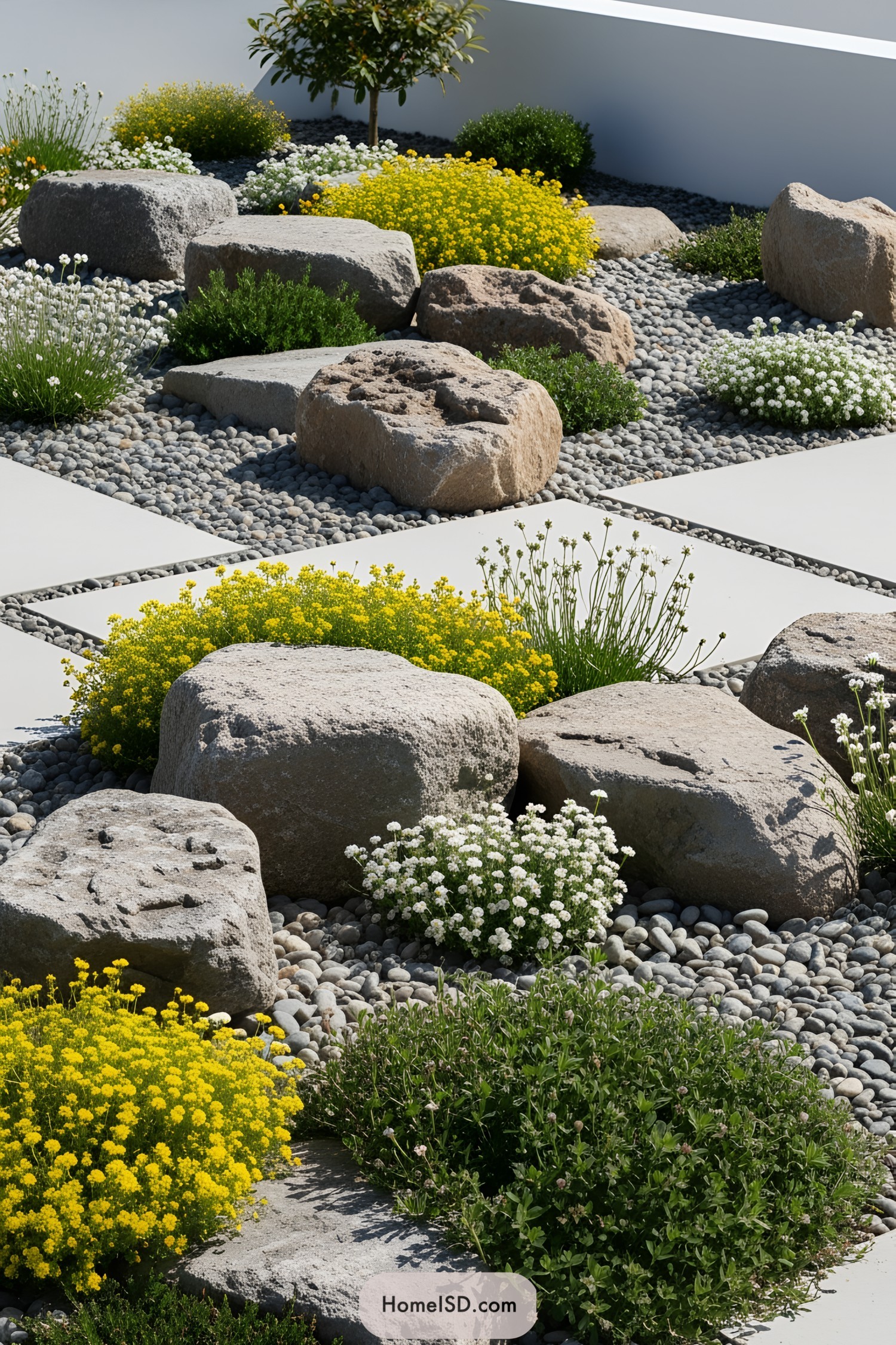 Rocks and colorful plants arranged in a garden