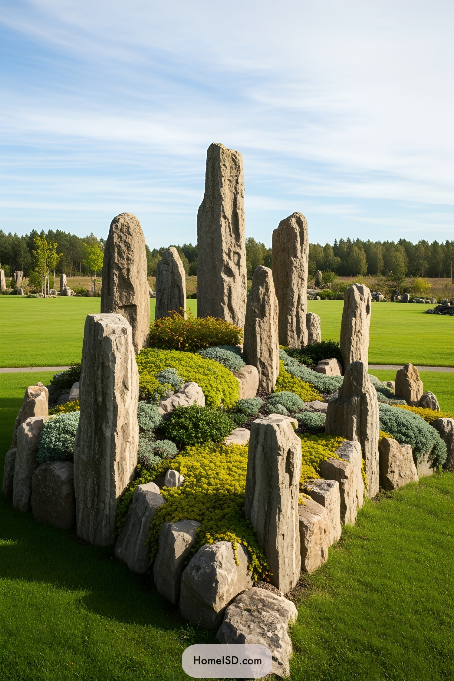 Tall stone structures in a garden with low-growing plants