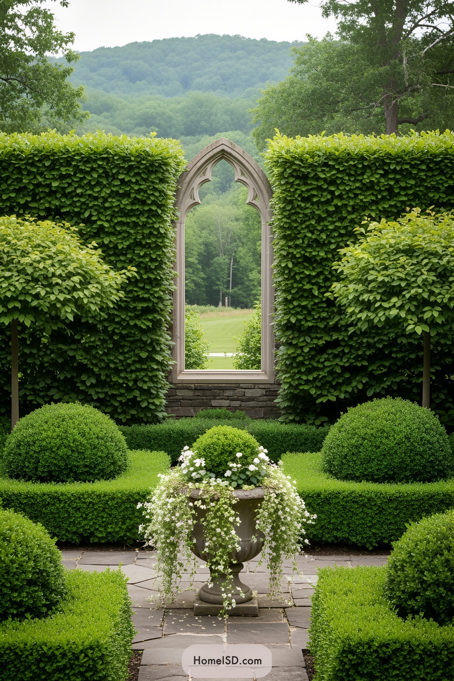 Garden with a stone Gothic arch surrounded by lush greenery