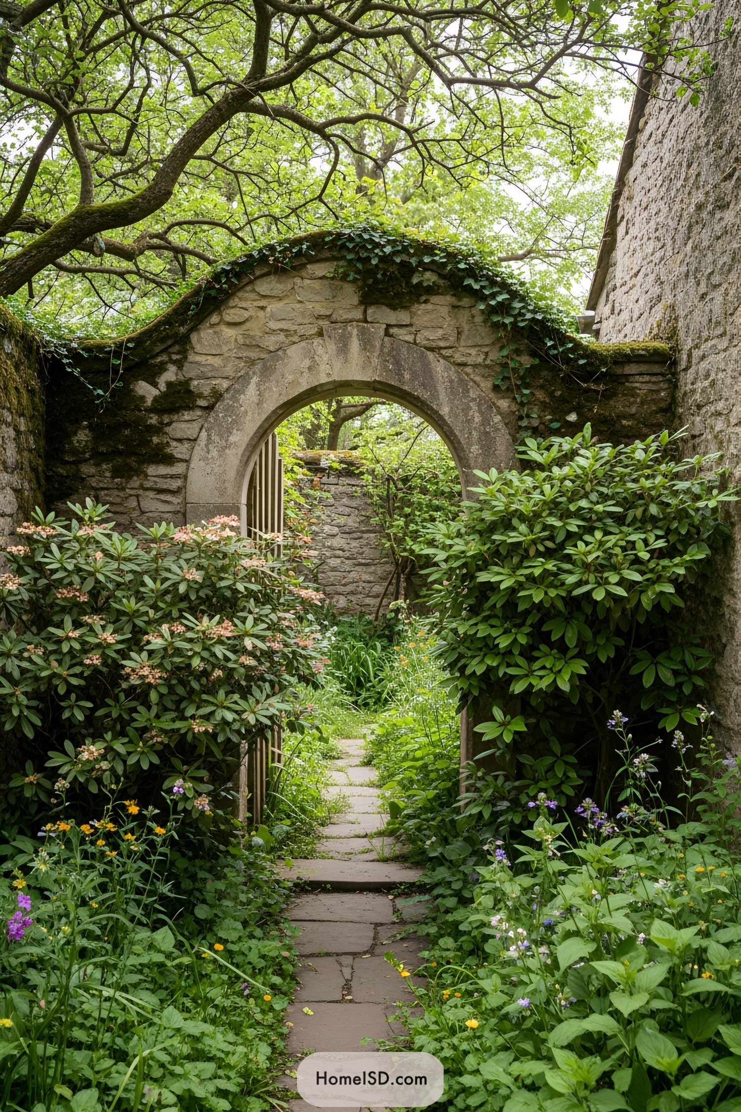 Lush pathway through a stone archway surrounded by greenery