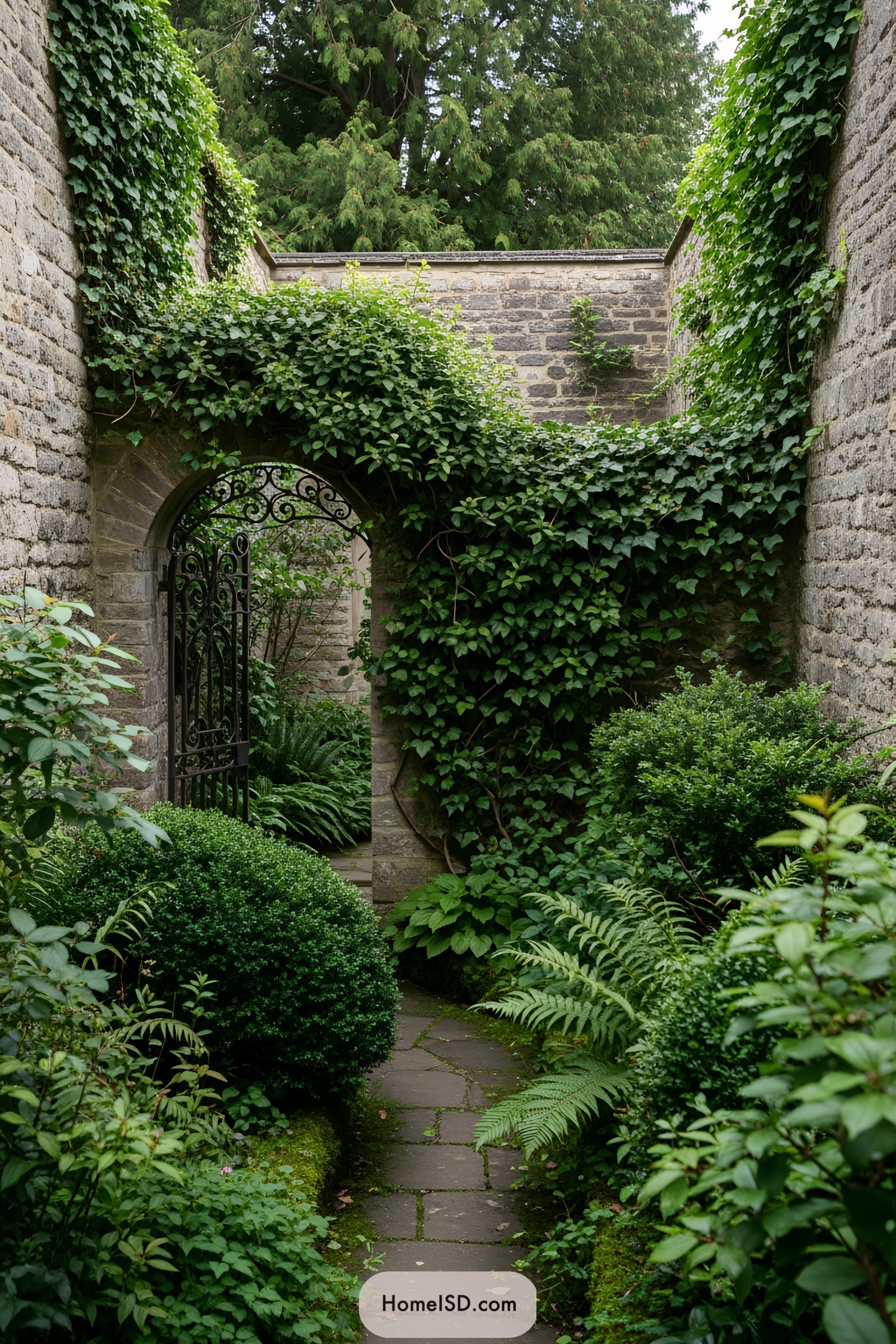 Stone path through a lush garden arch with vines
