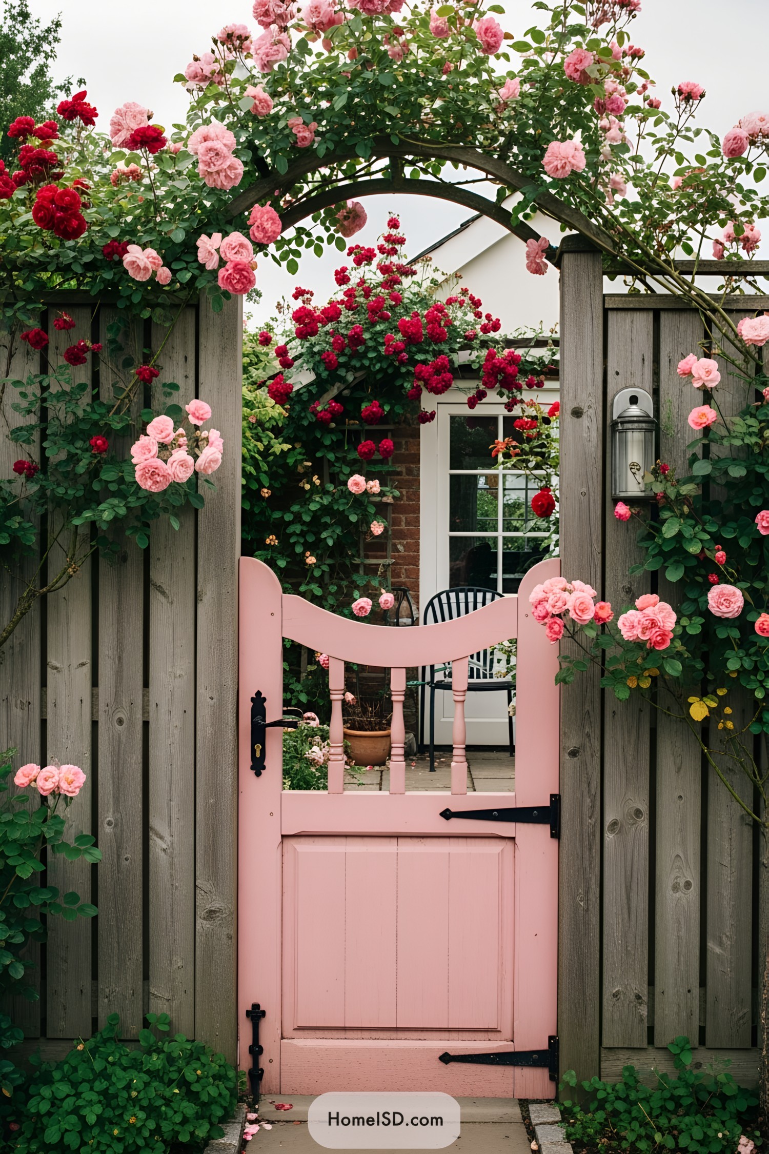 Pink gate adorned with blooming roses leading to a cozy garden