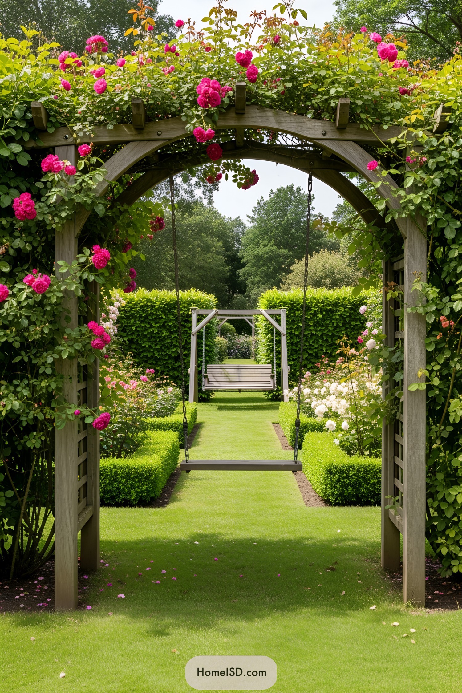 Wooden archway with vibrant pink flowers leading to garden swing