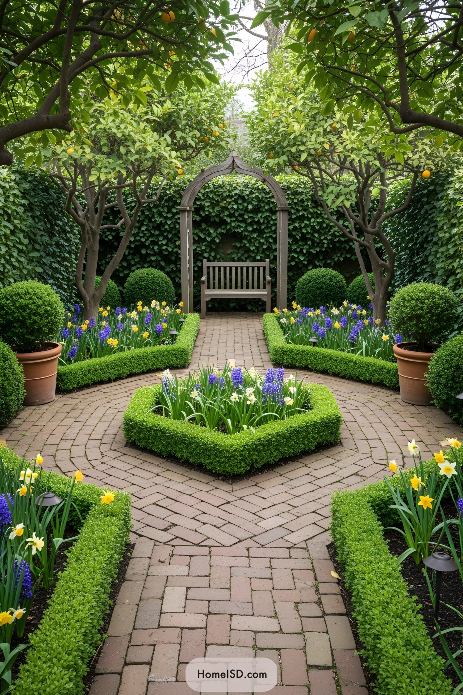 Lovely brick pathway in a lemon-filled garden with a wooden bench