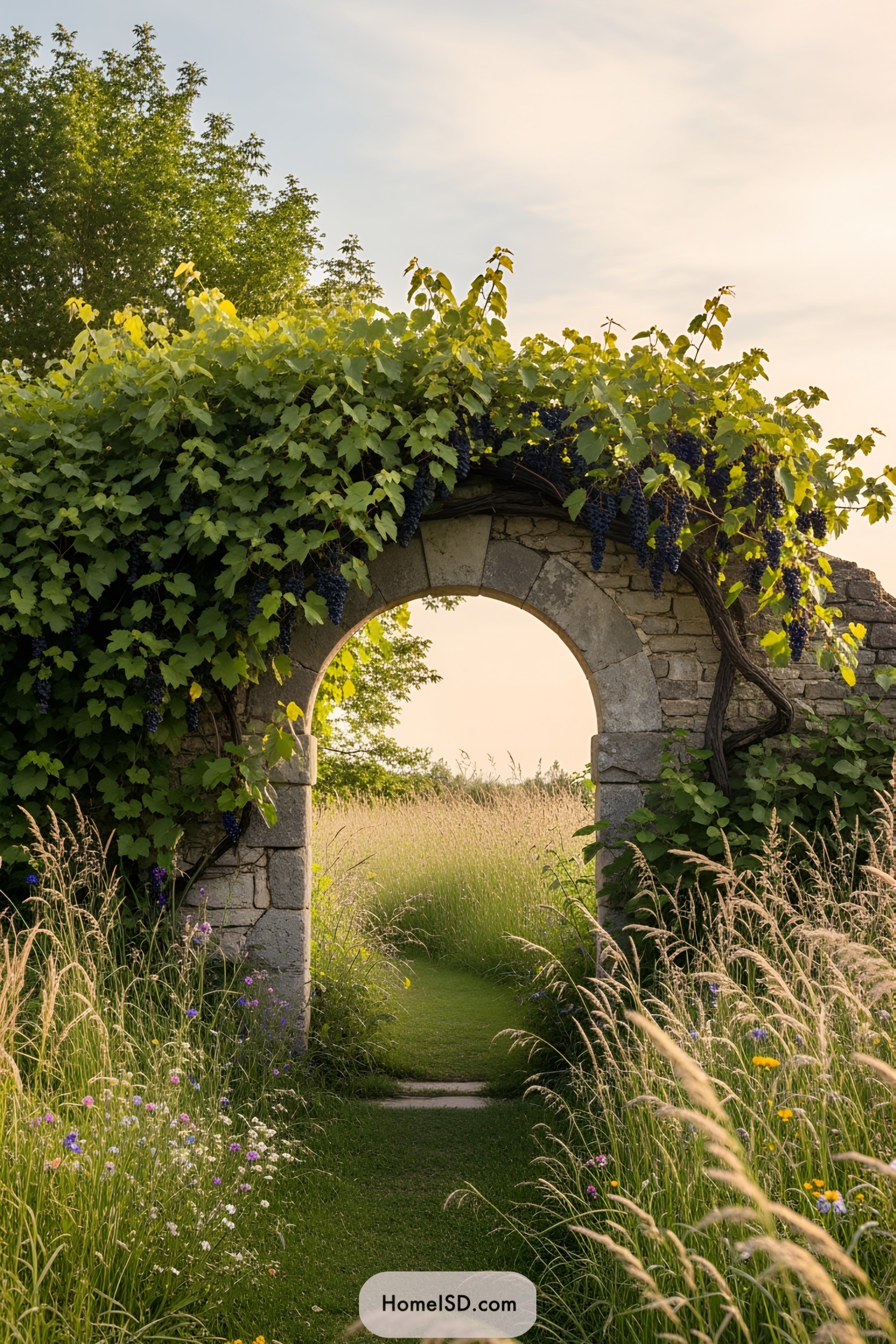 Stone archway covered in lush vines and wildflowers with a path leading into tall grass