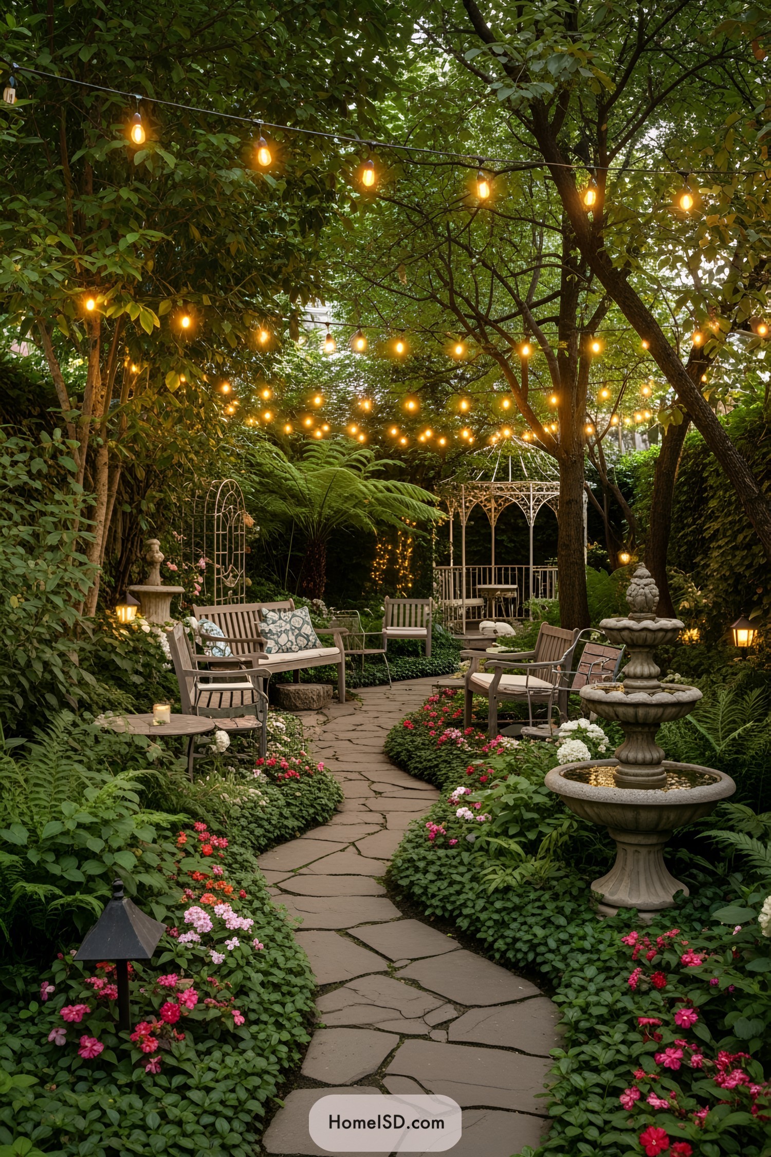 A garden pathway adorned with string lights and surrounded by lush greenery