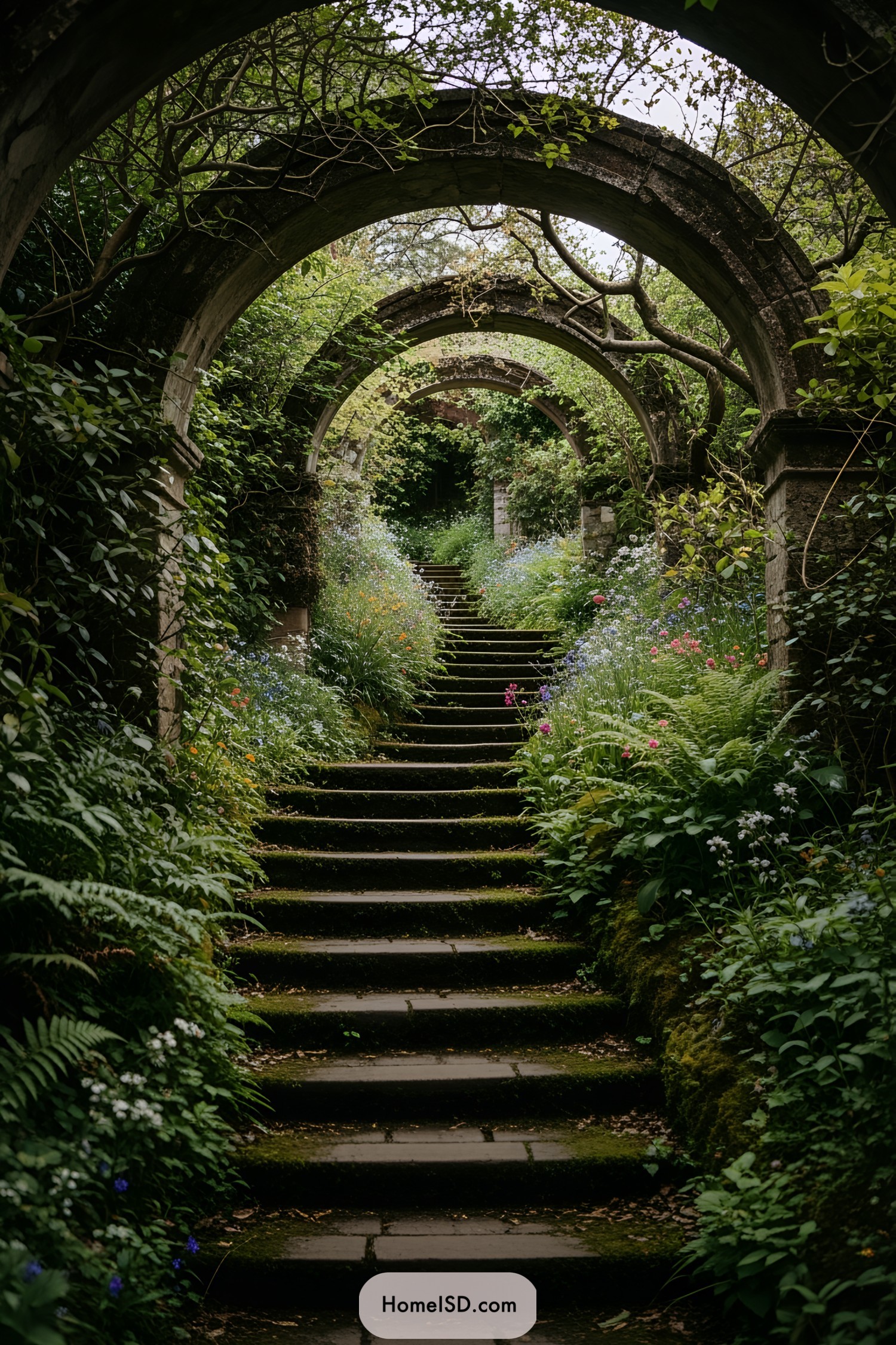 Stone steps leading through lush greenery and archways