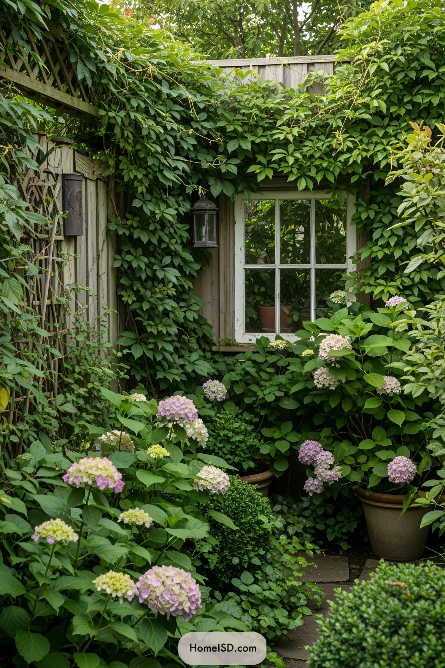 Lush garden corner with window and vibrant hydrangeas