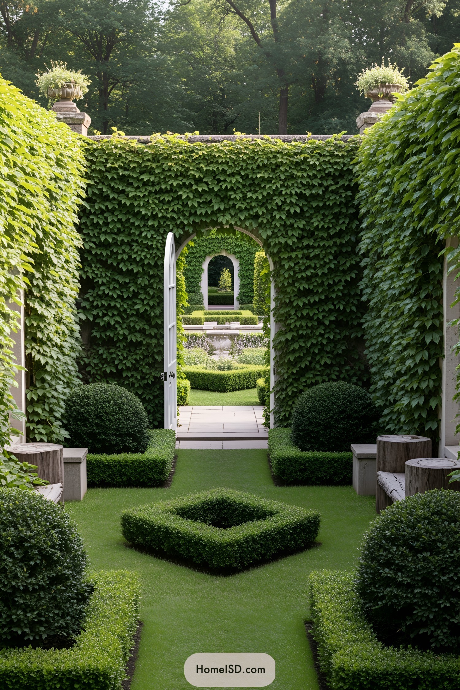 Lush greenery with archways in a garden setting