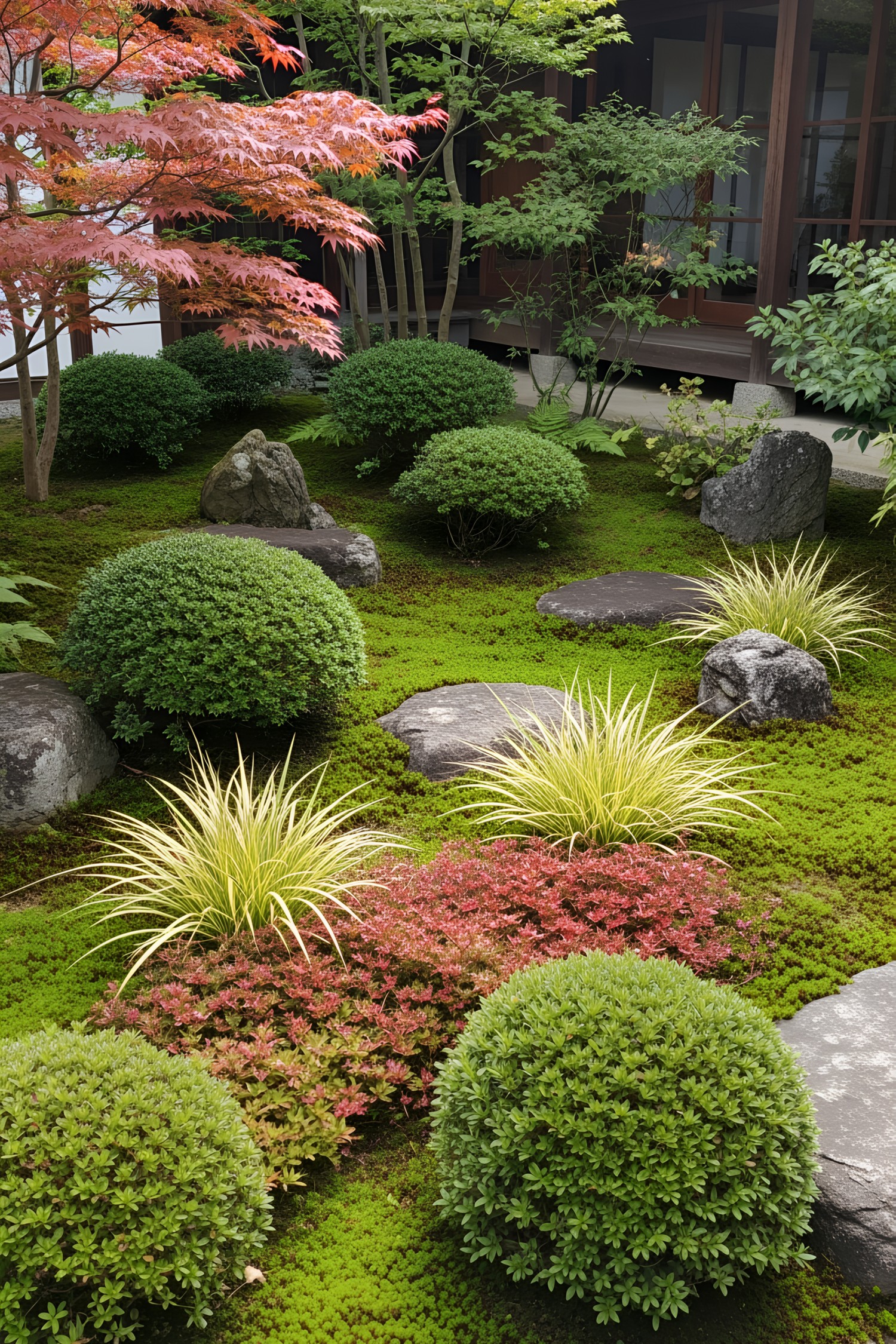 Lush Japanese garden with rounded shrubs and colorful foliage