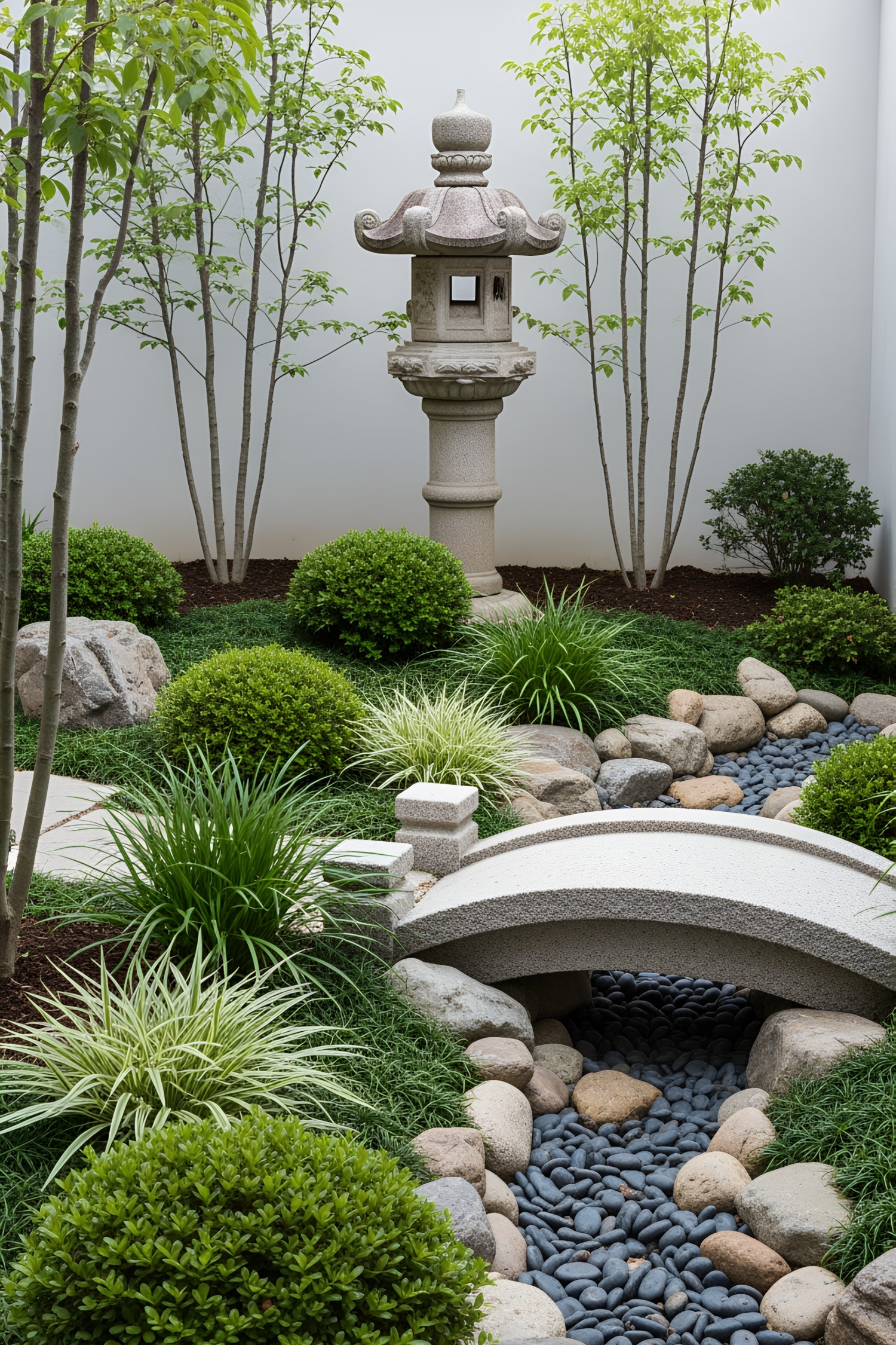 Small Japanese garden with stone lantern and bridge