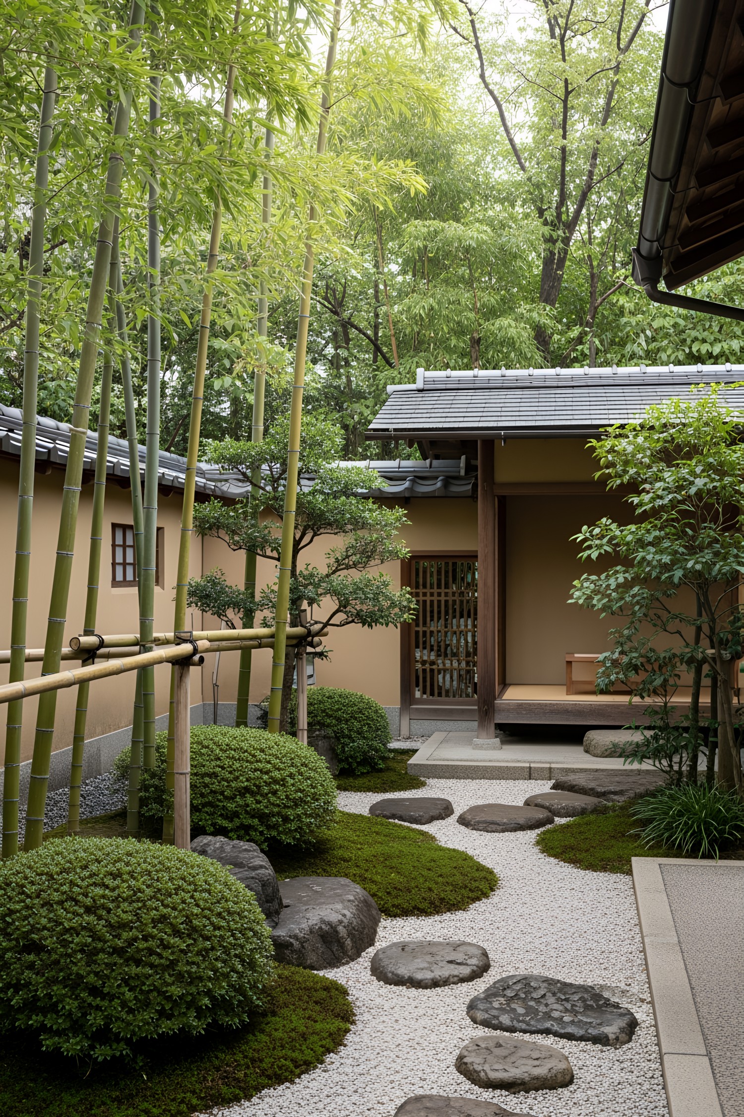 Serene Japanese garden with bamboo and stone path