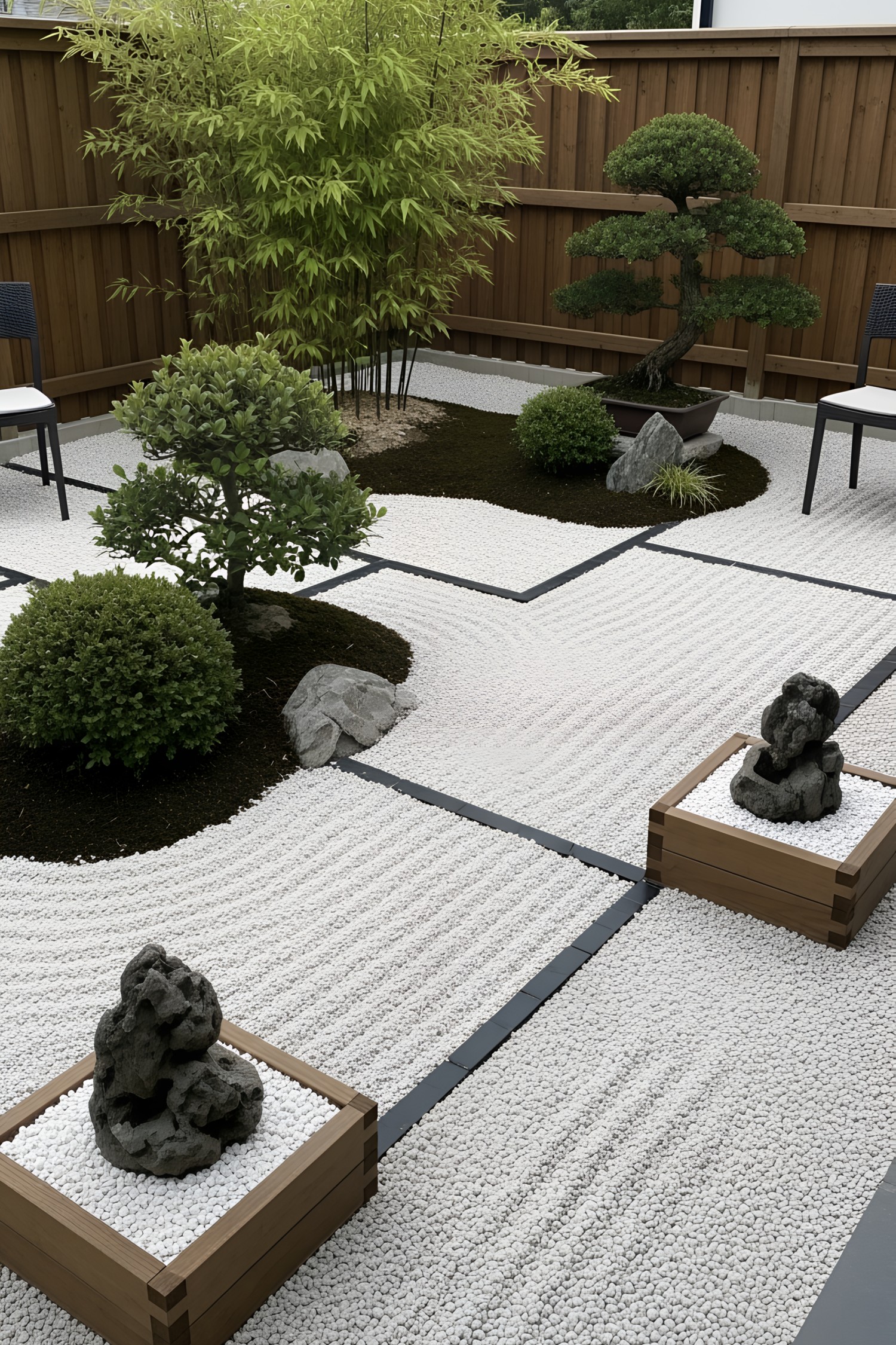 Small Japanese garden with raked pebbles and bamboo