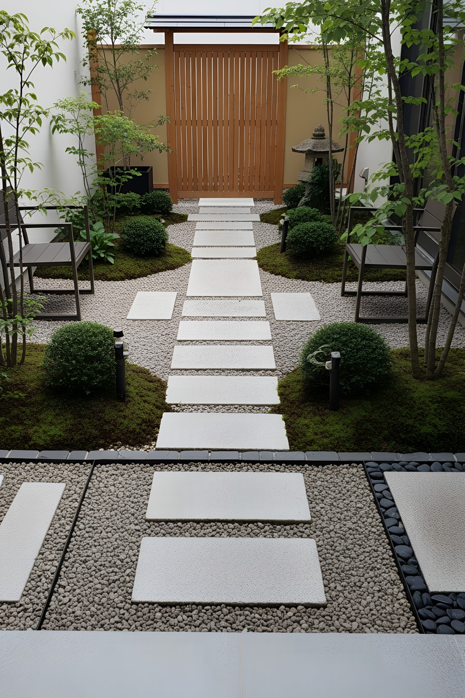 Small Japanese garden with stone path and lush greenery