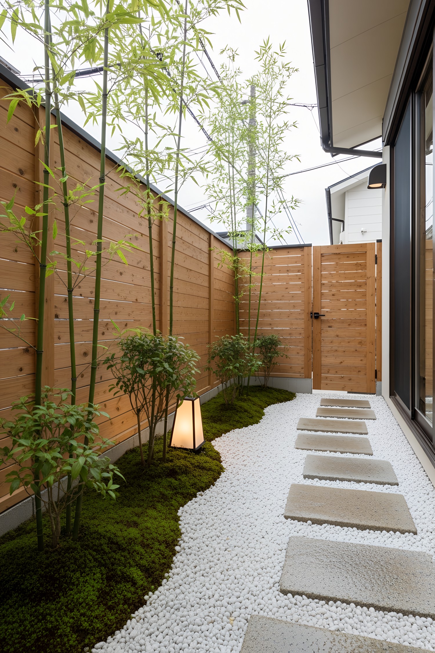 Small Japanese garden with bamboo, moss, and stepping stones