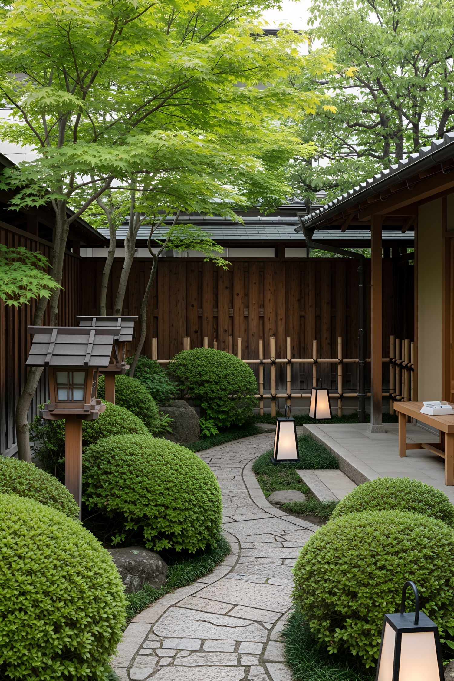 Charming stone path winding through a lush Japanese garden with lanterns